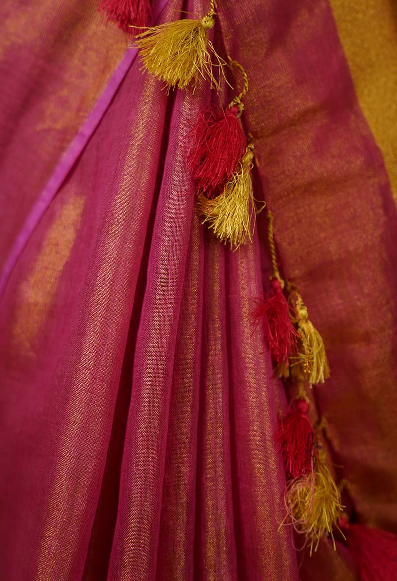 Pink & Gold Copper Handloom Bhagalpuri Linen Silk With Tassels on Pallu Wrap In One Minute saree