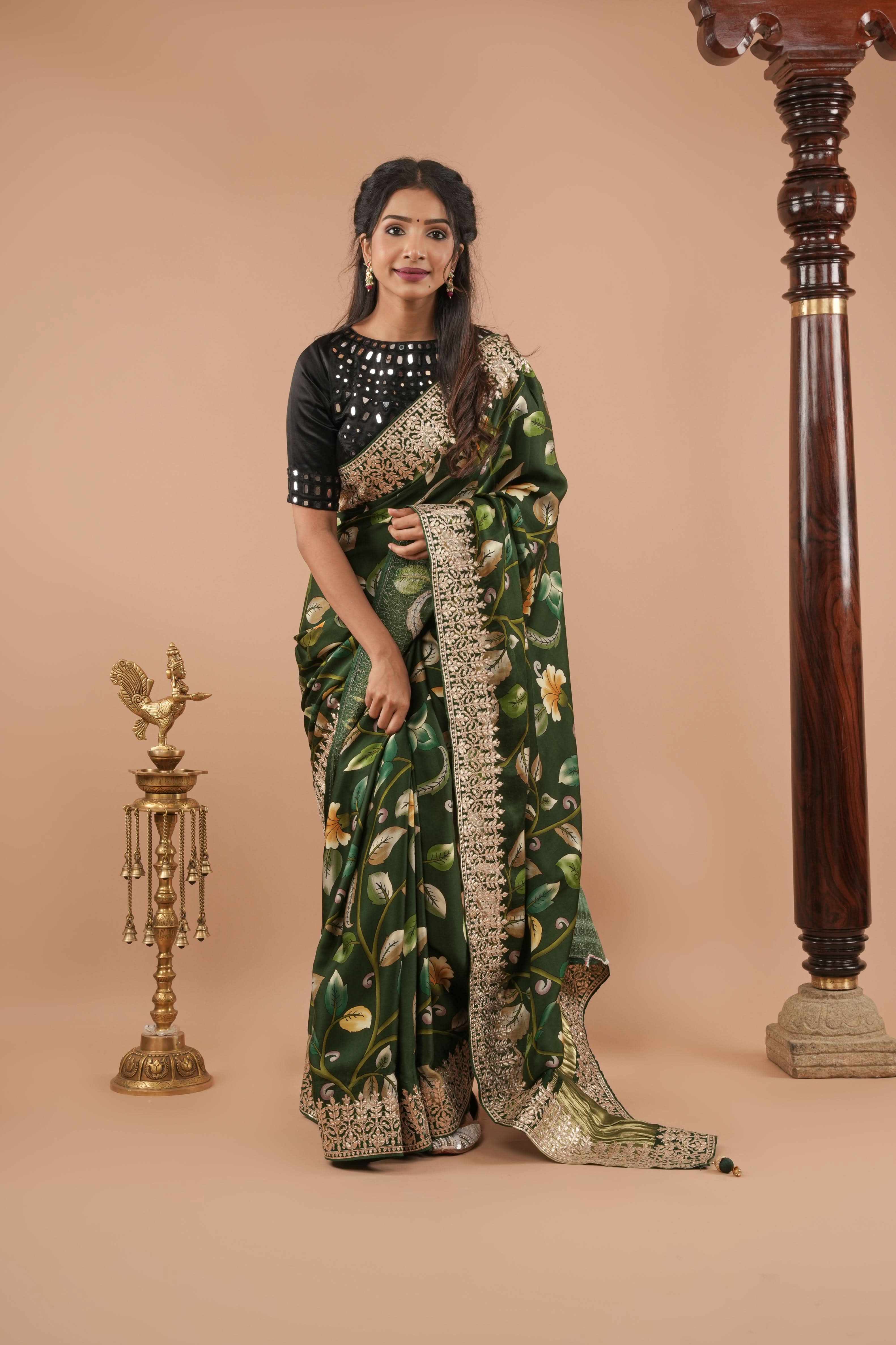 Gajji Silk Saree with Gotta Patti Borders, crushed zari palla and Floral Digital Print | Shobitam