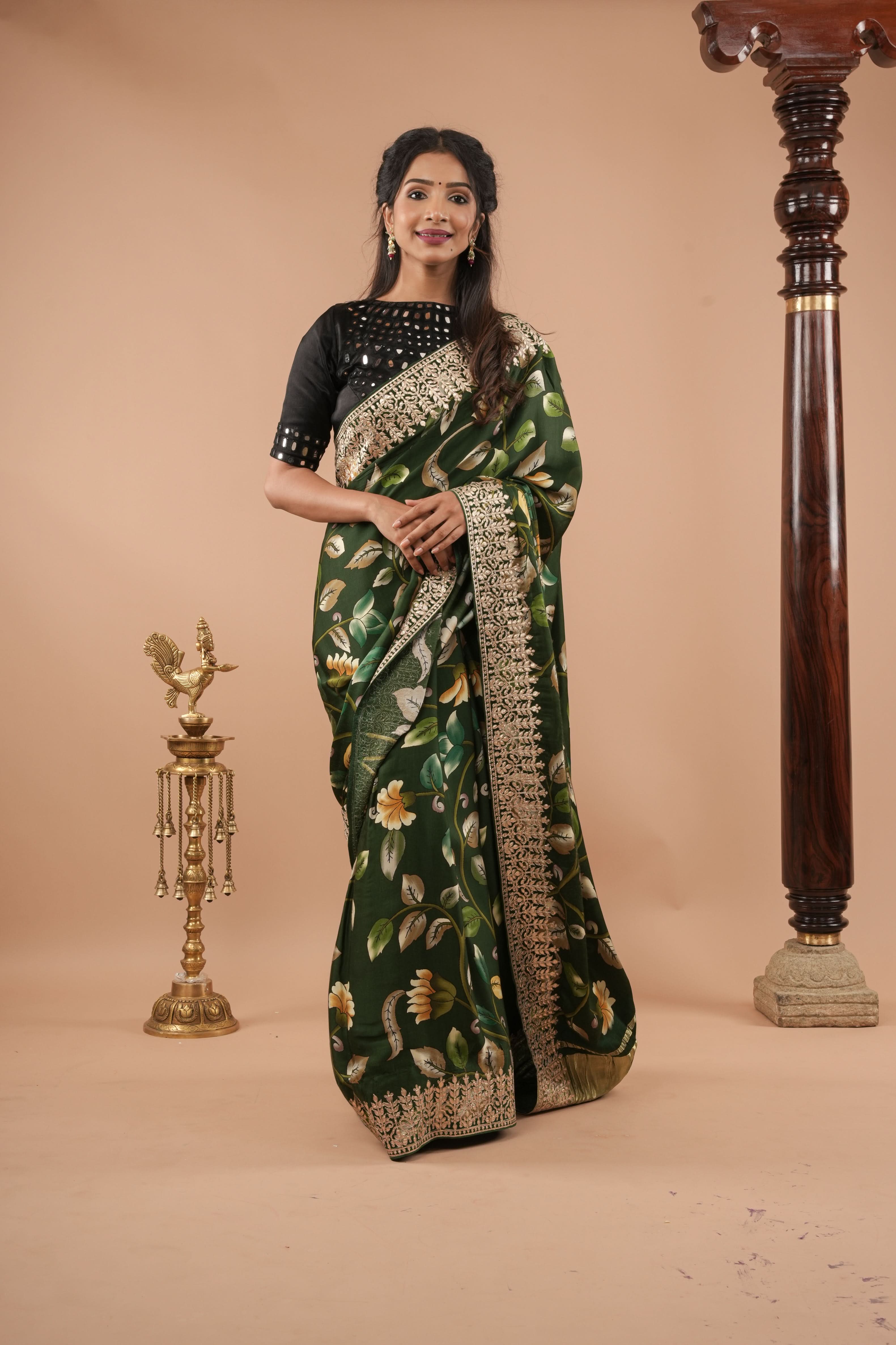 Gajji Silk Saree with Gotta Patti Borders, crushed zari palla and Floral Digital Print | Shobitam
