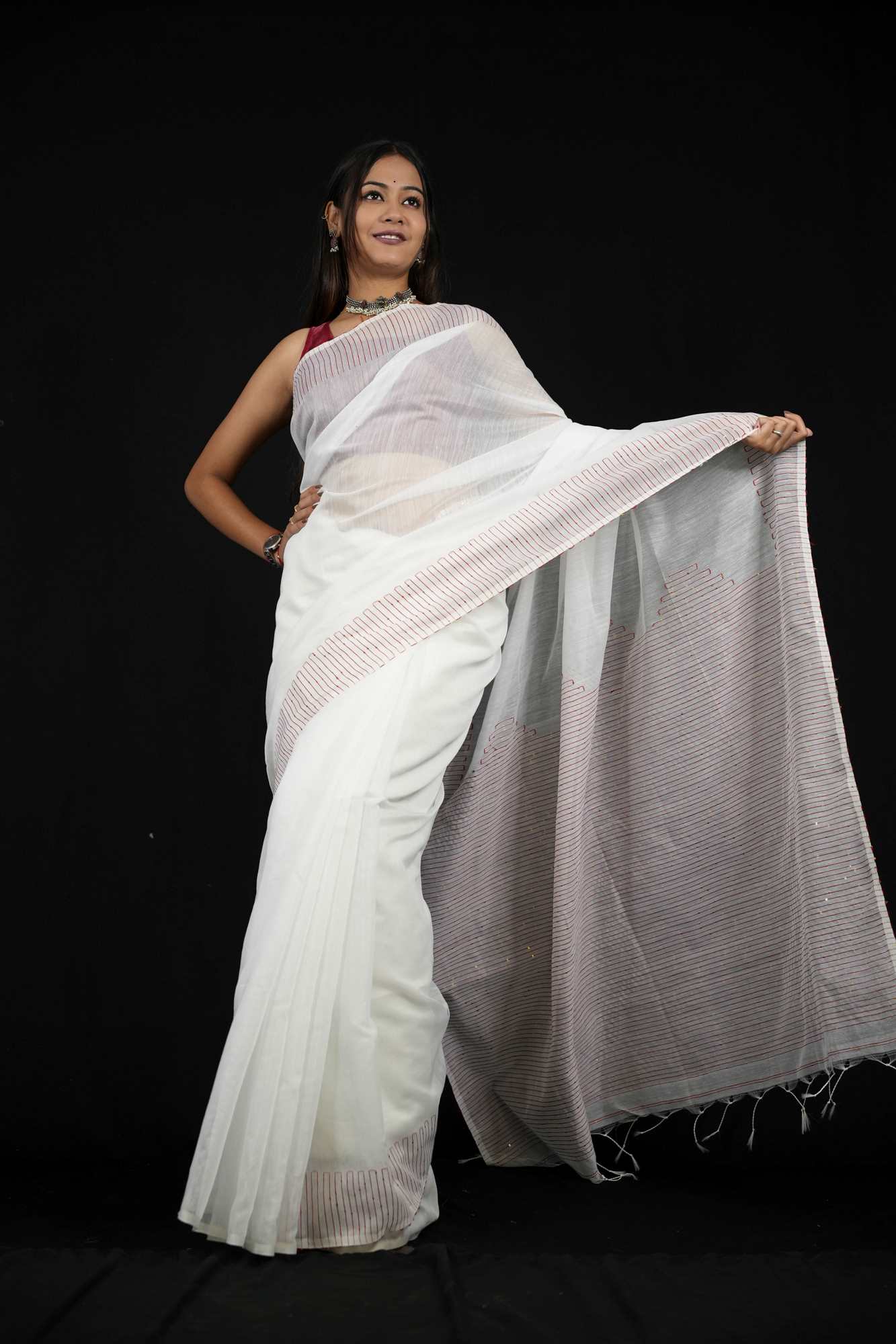 White Cotton with Subtle Striped Border & Pallu Ready To Wear Saree