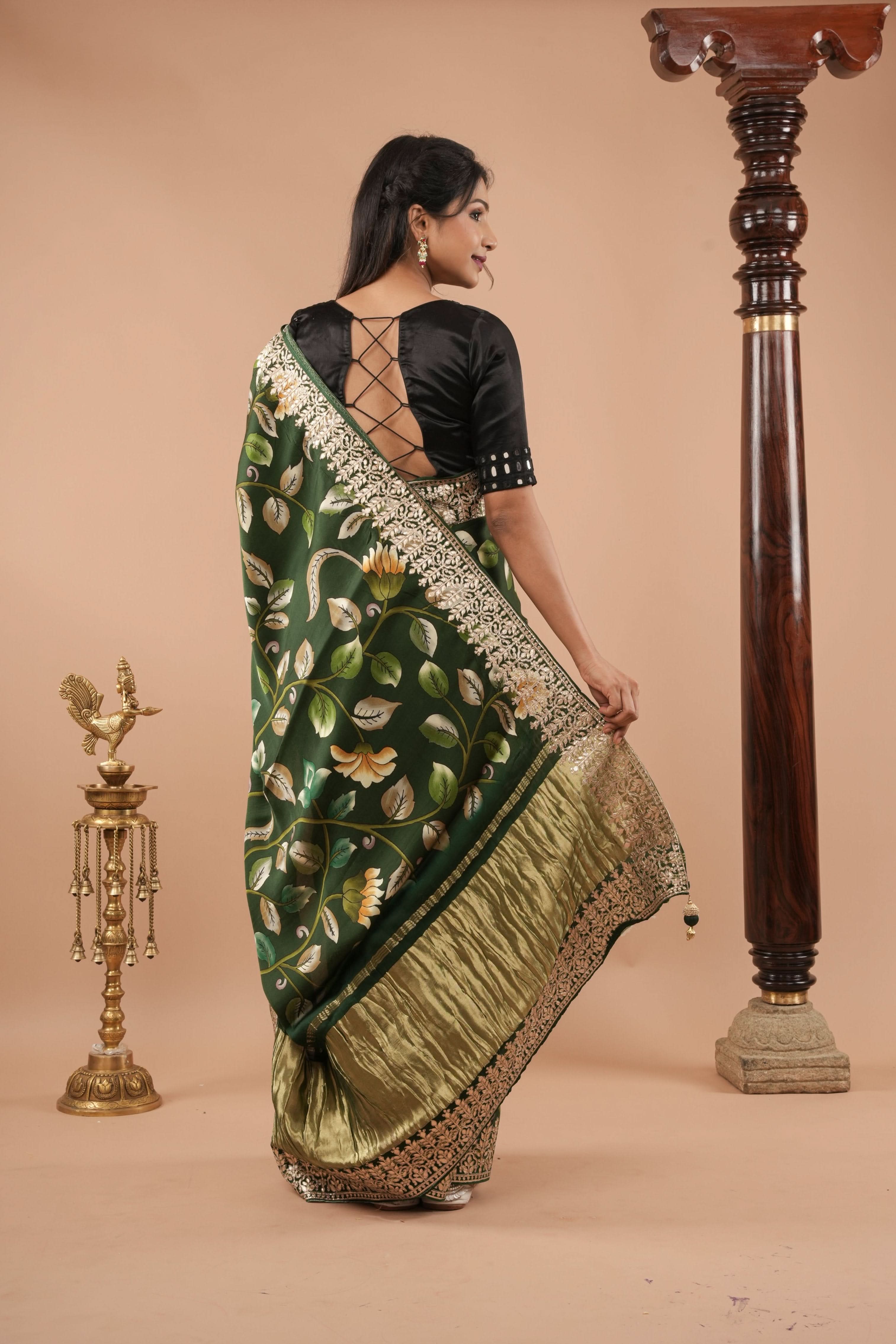 Gajji Silk Saree with Gotta Patti Borders, crushed zari palla and Floral Digital Print | Shobitam