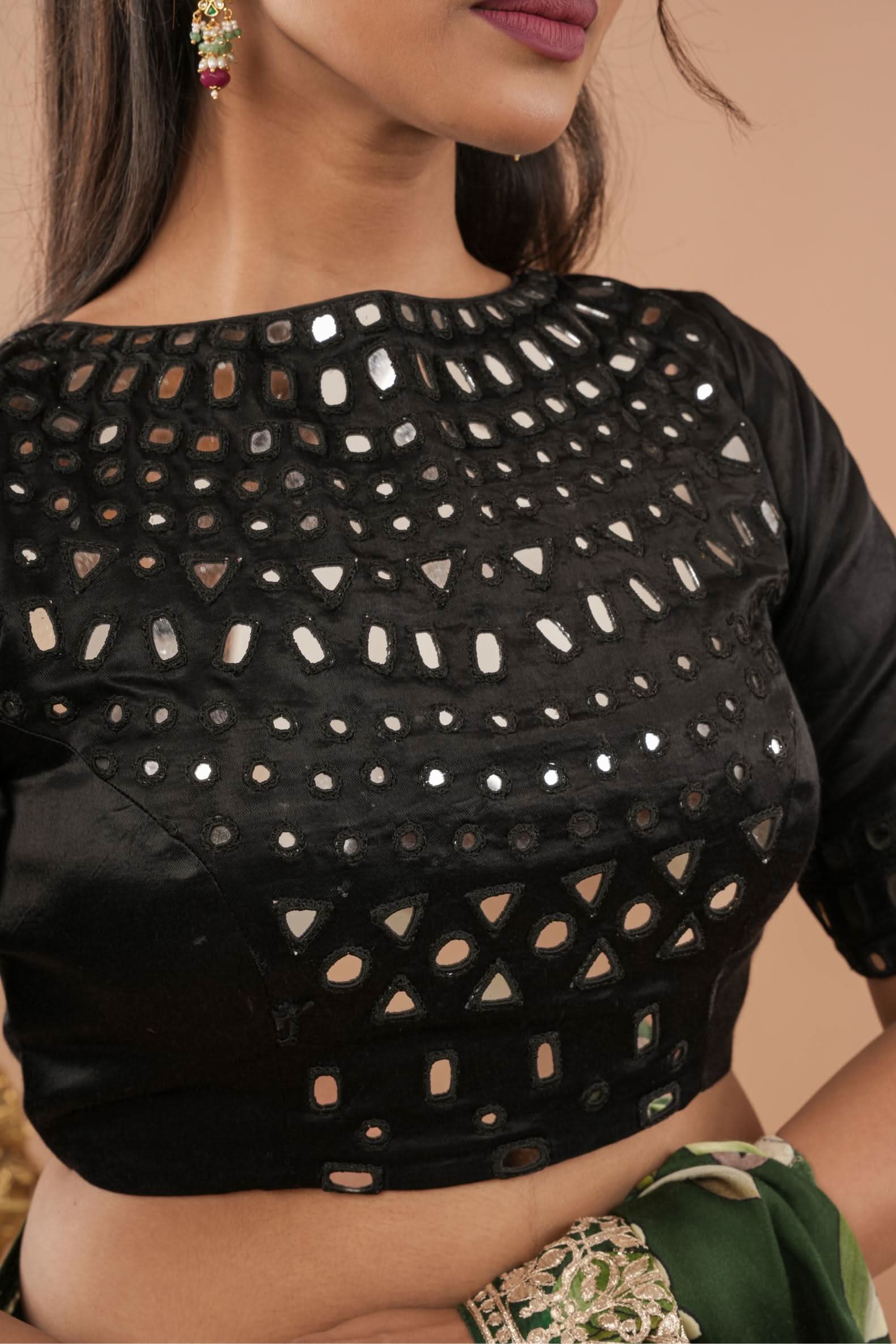 Made To Order: Black Mirror Embroidery blouse, Customizable | Shobitam