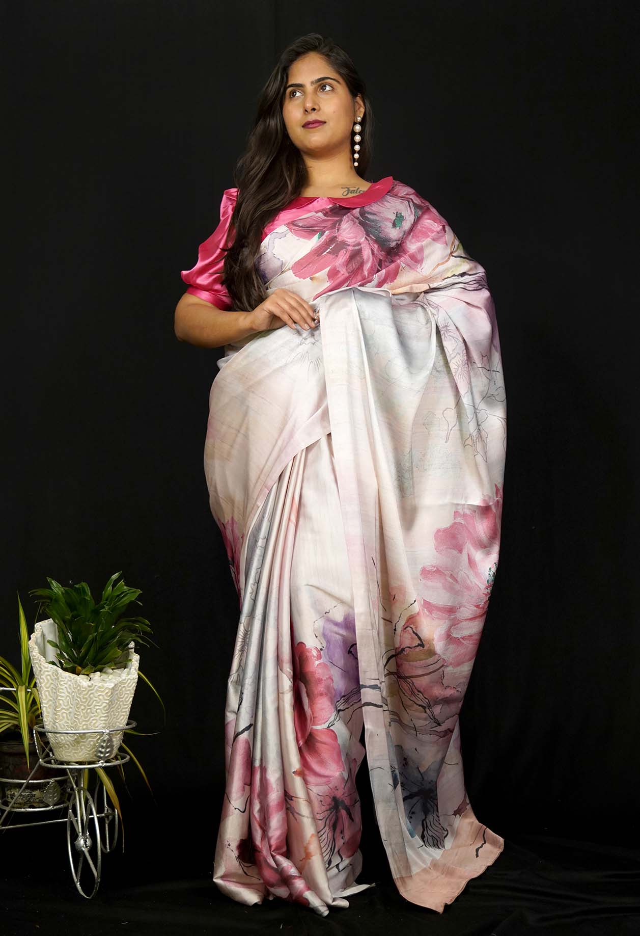 Ready made saree Soft Satin With Floral Printed All Over Wrap in 1 Minute Saree