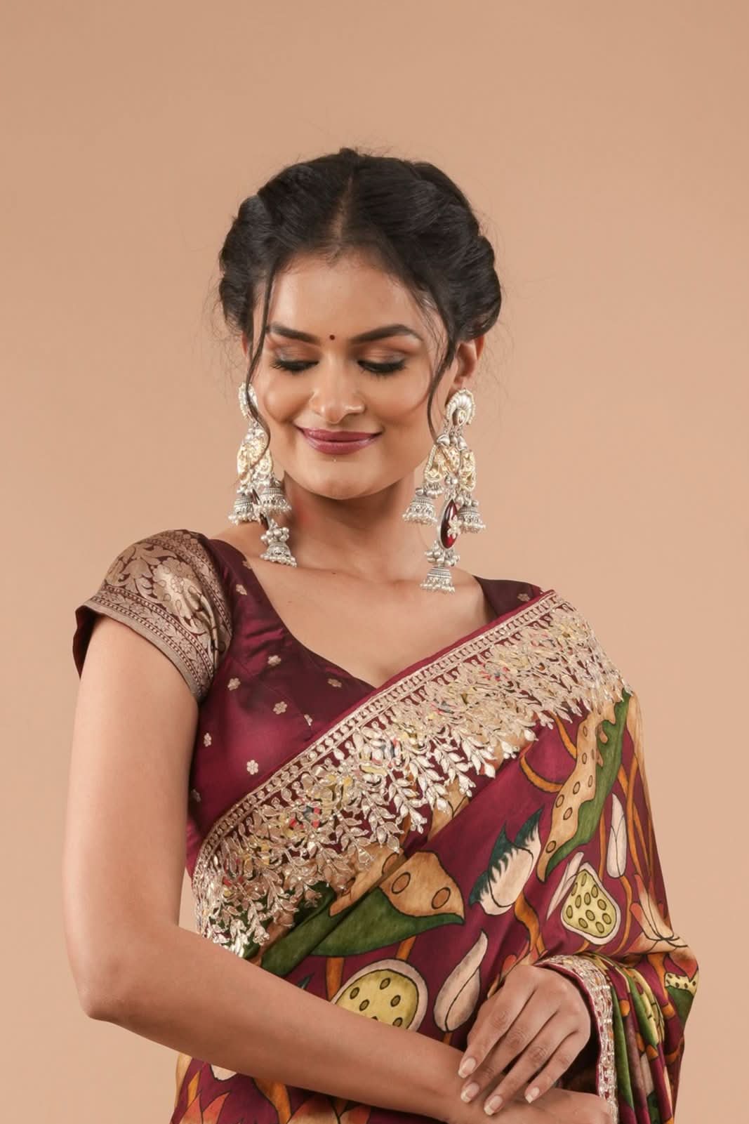 Banarasi Pure Silk Blouse In Maroon With Buttas And Short Sleeves, Customizable, Made to Order | Shobitam