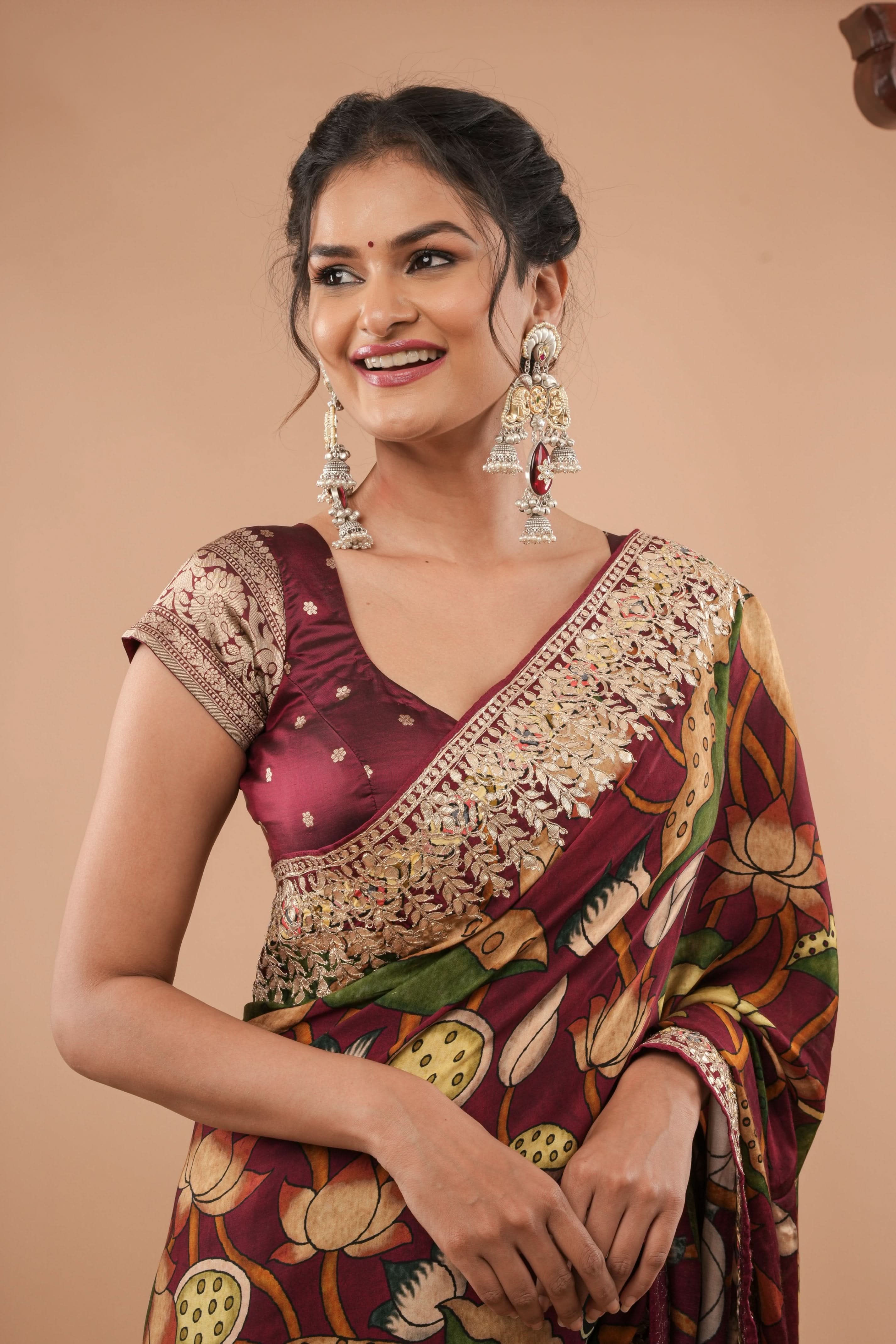 Banarasi Pure Silk Blouse In Maroon With Buttas And Short Sleeves, Customizable, Made to Order | Shobitam
