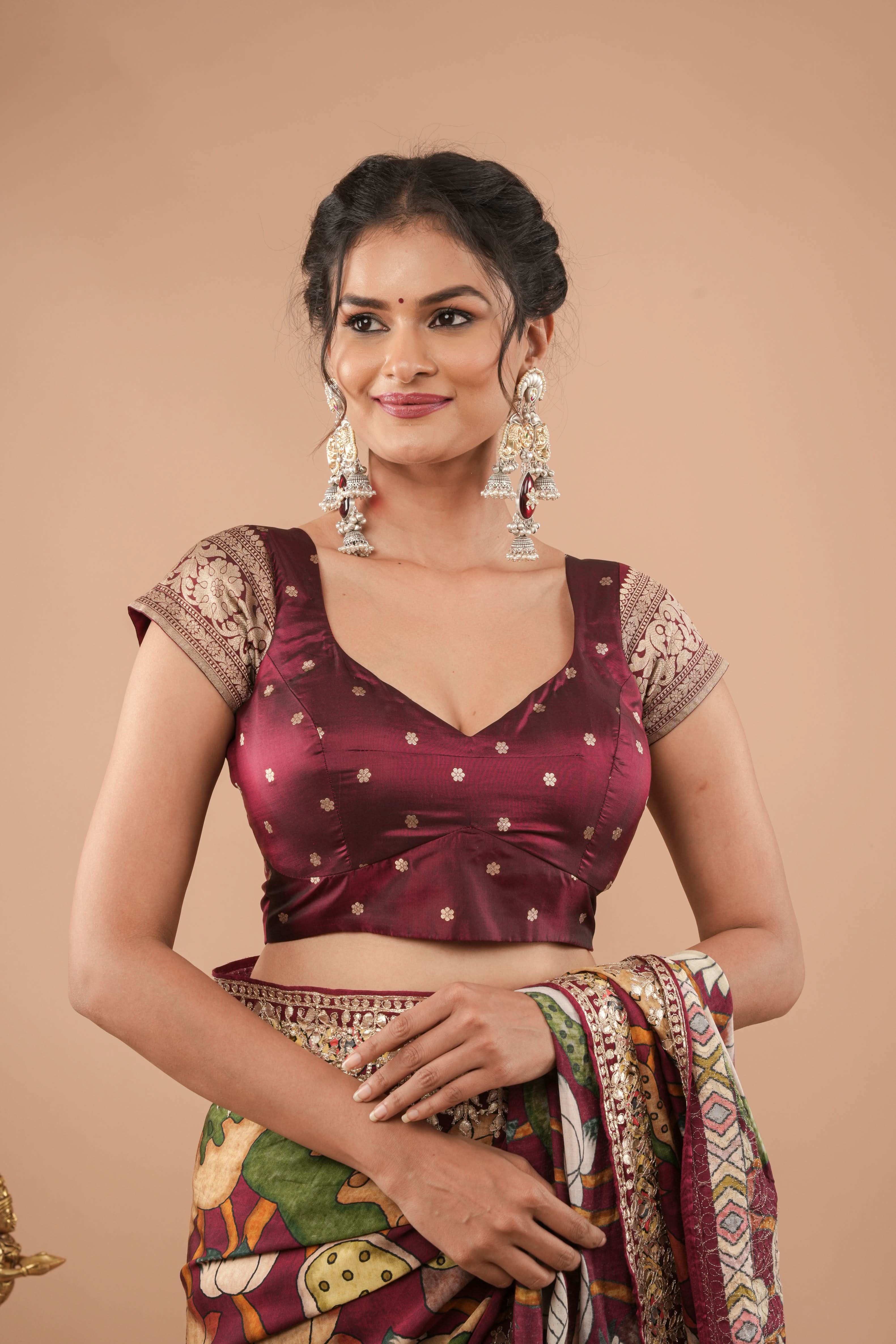 Banarasi Pure Silk Blouse In Maroon With Buttas And Short Sleeves, Customizable, Made to Order | Shobitam