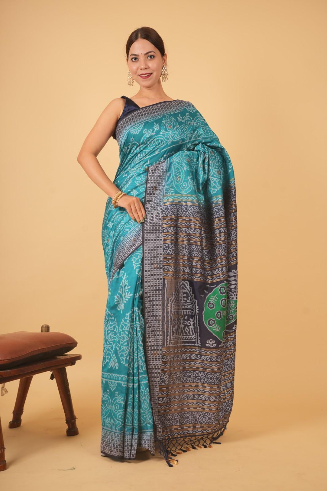 Ocean Blue With Beautiful Ikat Motif  & Stone Embllished Ornate Palla Ready To Wear Saree