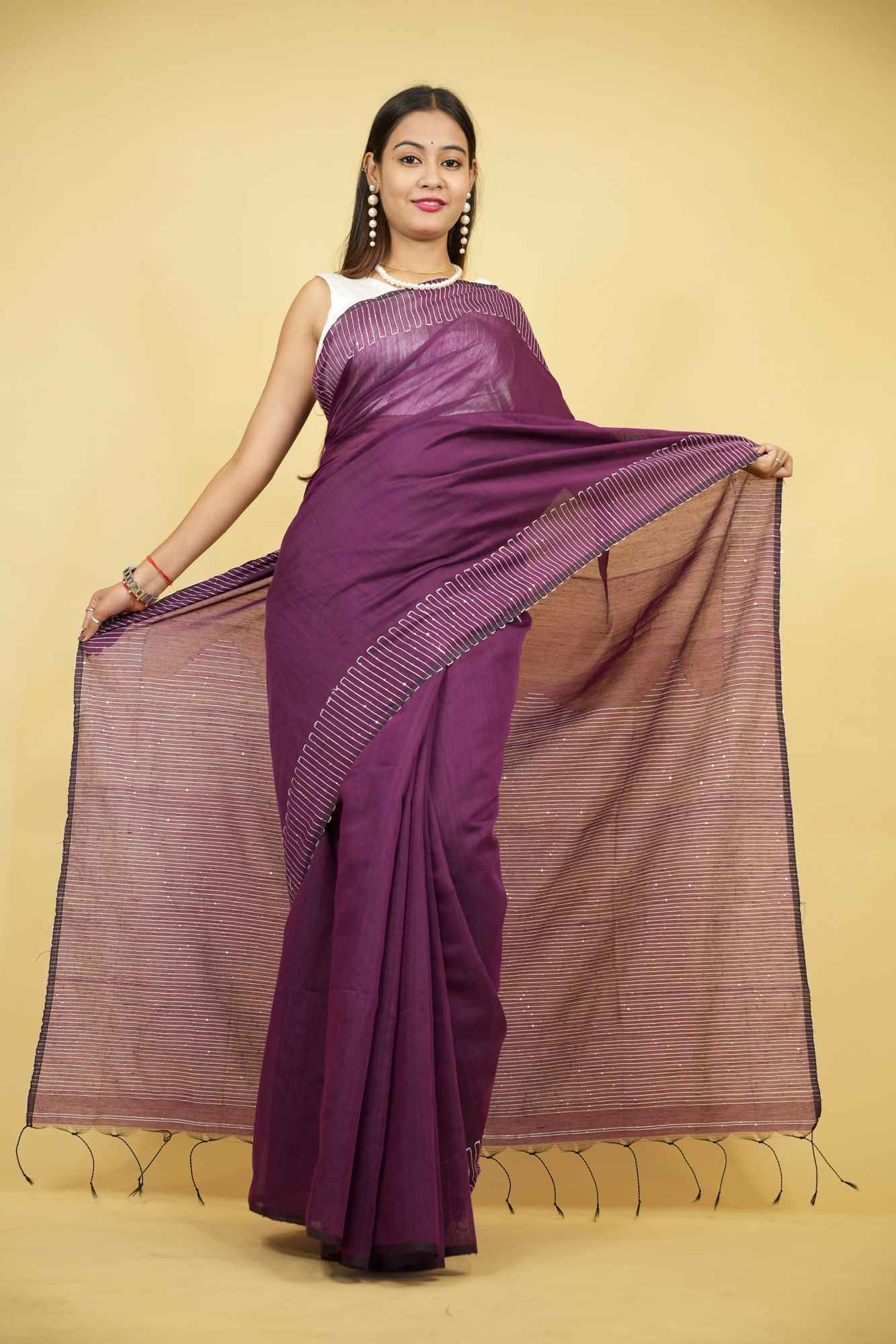 Purple Cotton Silk with Sequin-Embellished Pallu & Border Ready To Wear Saree
