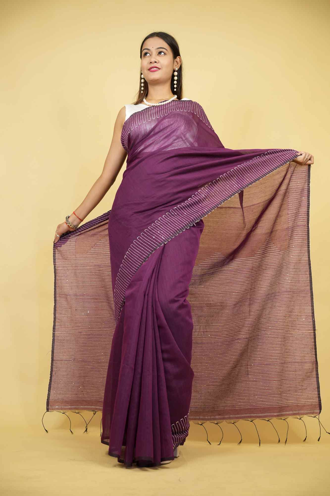 Purple Cotton Silk with Sequin-Embellished Pallu & Border Ready To Wear Saree