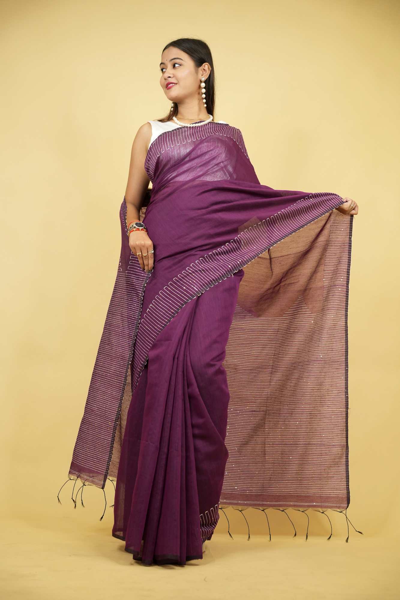 Purple Cotton Silk with Sequin-Embellished Pallu & Border Ready To Wear Saree