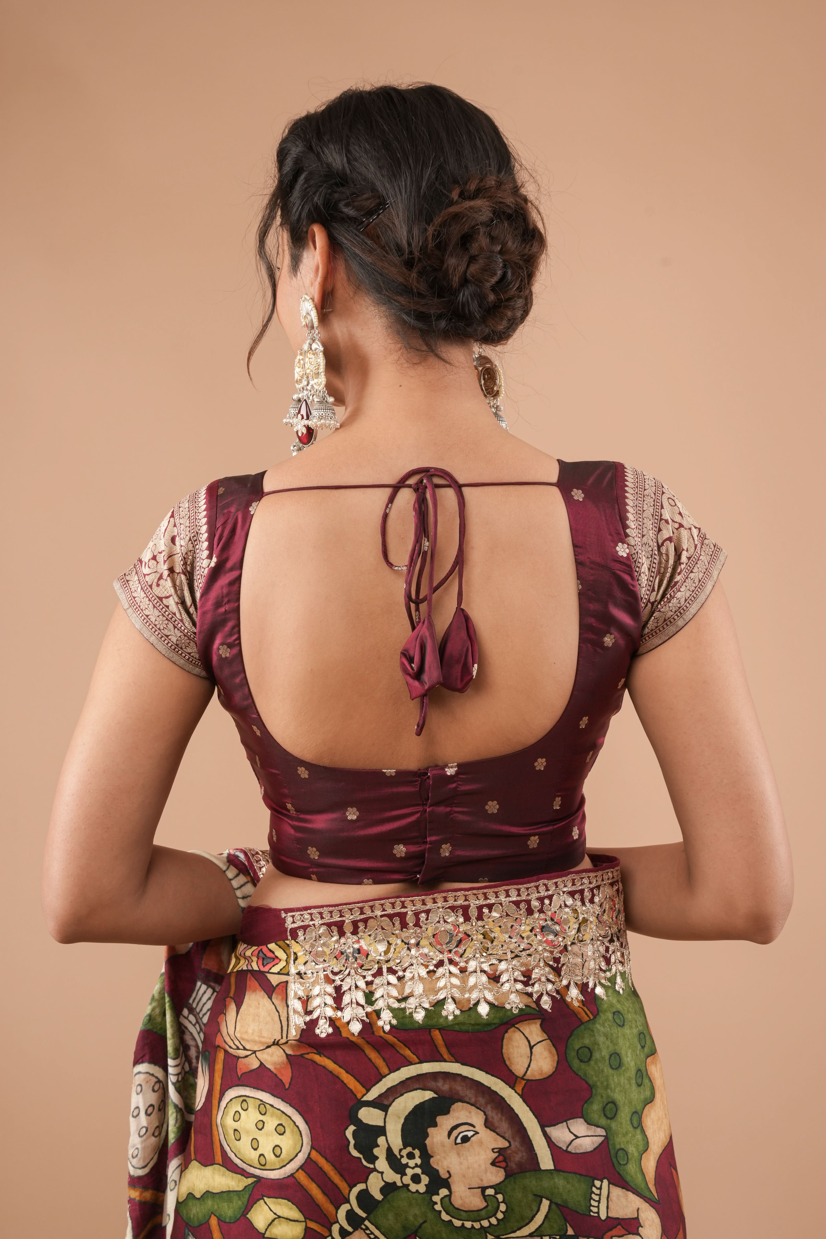 Banarasi Pure Silk Blouse In Maroon With Buttas And Short Sleeves, Customizable, Made to Order | Shobitam