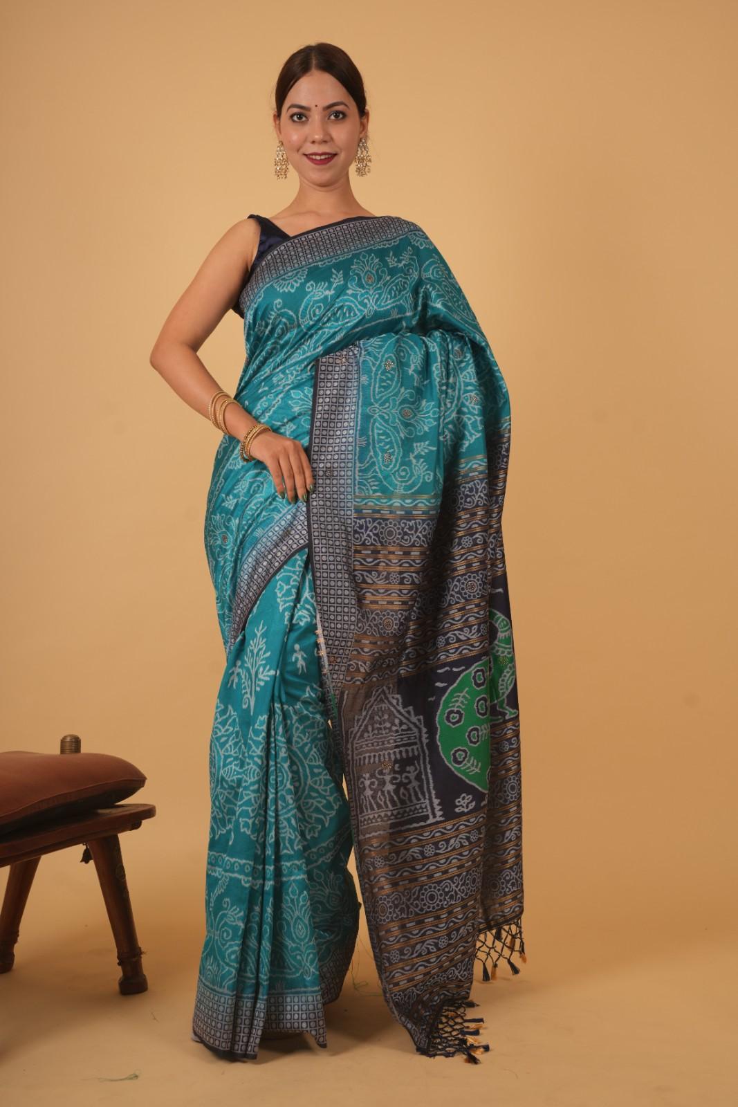 Ocean Blue With Beautiful Ikat Motif  & Stone Embllished Ornate Palla Ready To Wear Saree