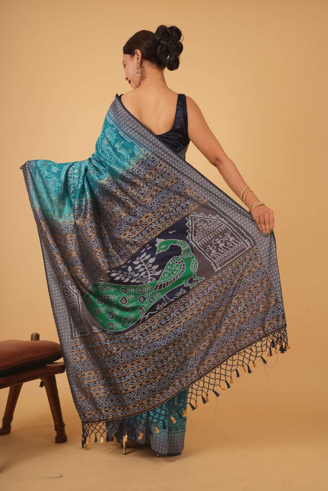 Ocean Blue With Beautiful Ikat Motif  & Stone Embllished Ornate Palla Ready To Wear Saree