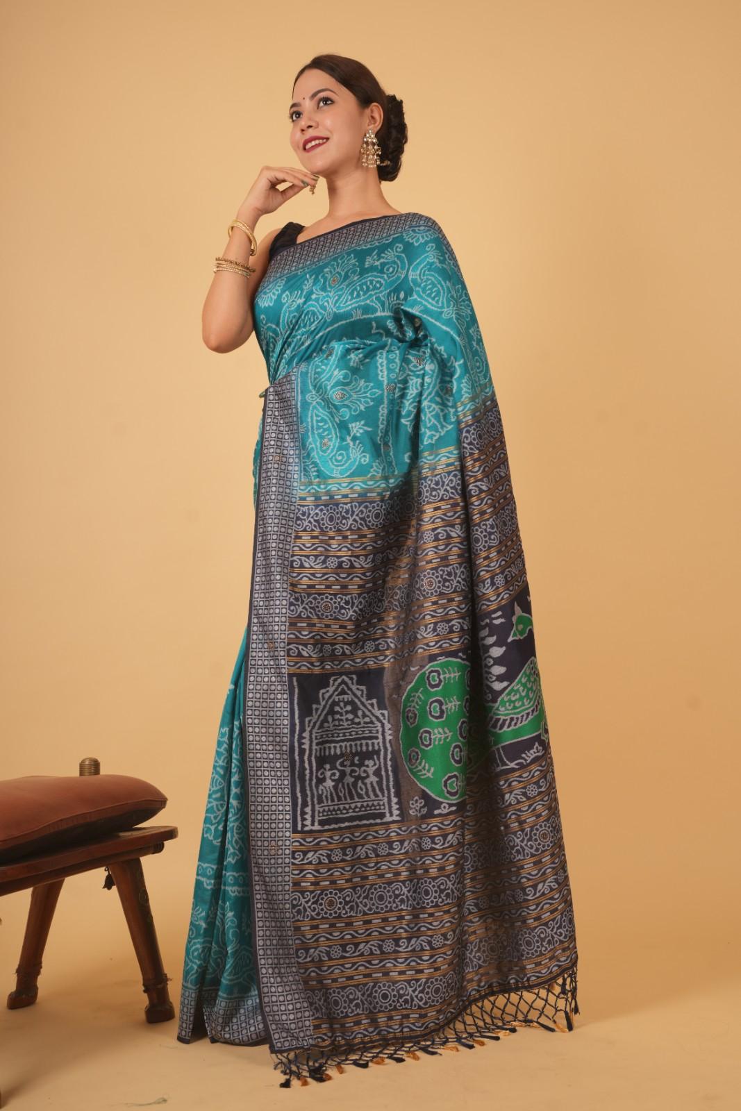 Ocean Blue With Beautiful Ikat Motif  & Stone Embllished Ornate Palla Ready To Wear Saree