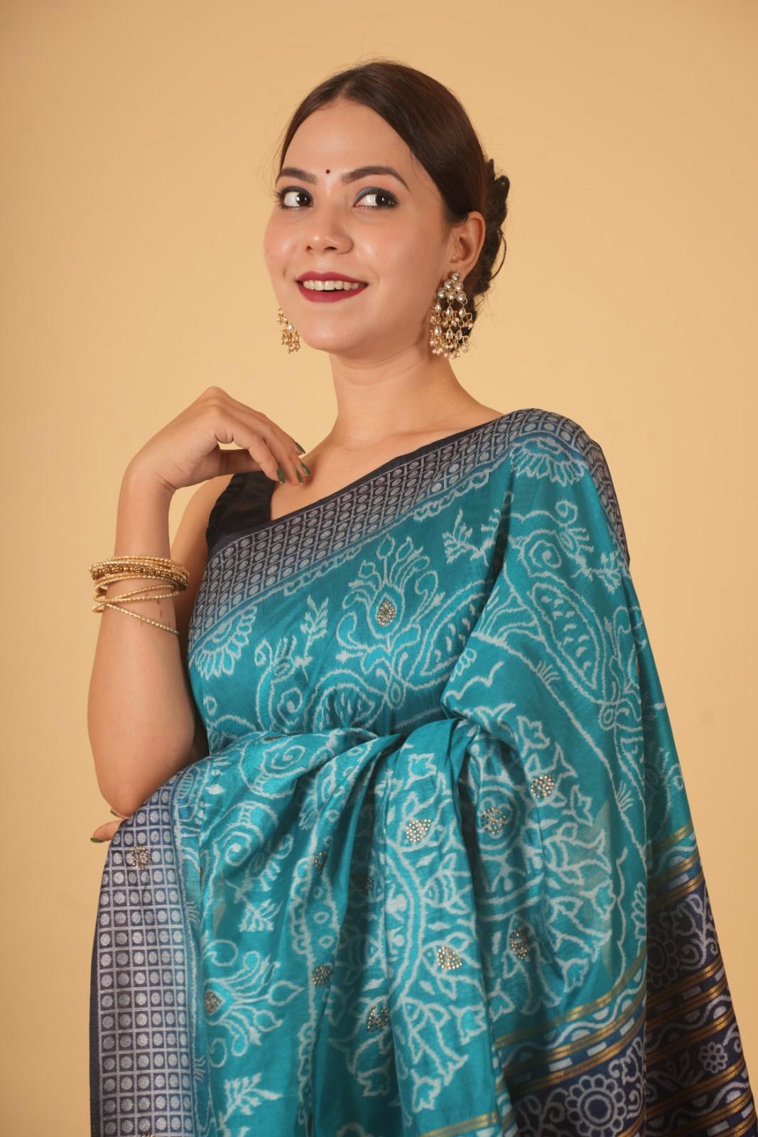 Ocean Blue With Beautiful Ikat Motif  & Stone Embllished Ornate Palla Ready To Wear Saree