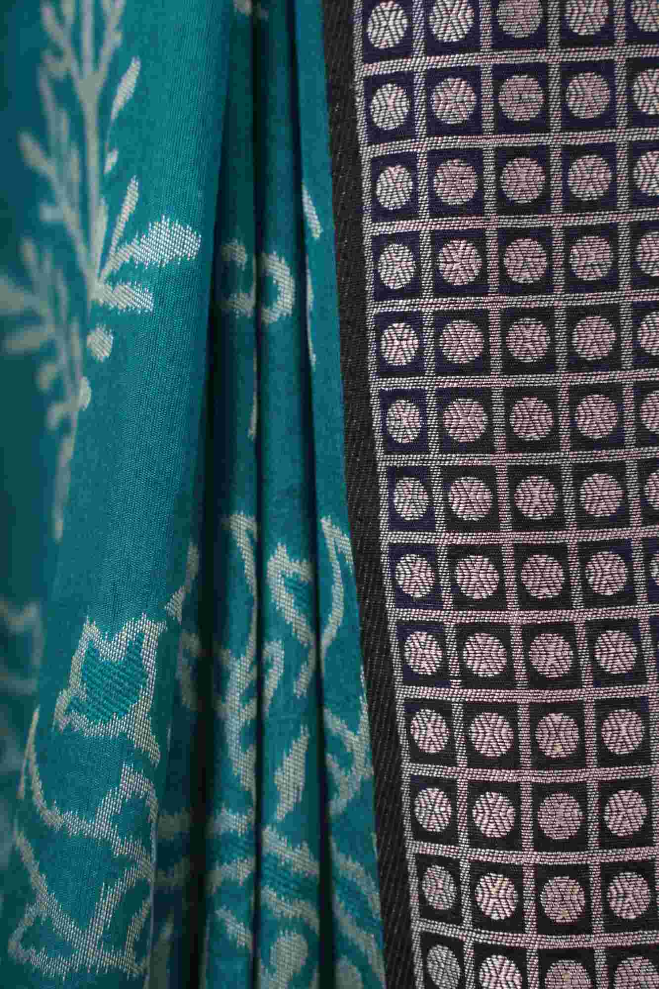 Ocean Blue With Beautiful Ikat Motif  & Stone Embllished Ornate Palla Ready To Wear Saree