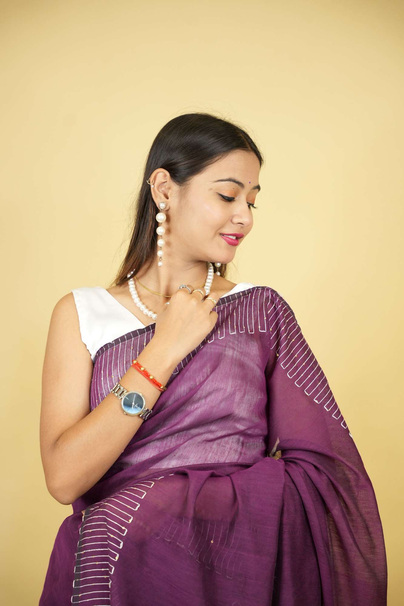 Purple Cotton Silk with Sequin-Embellished Pallu & Border Ready To Wear Saree