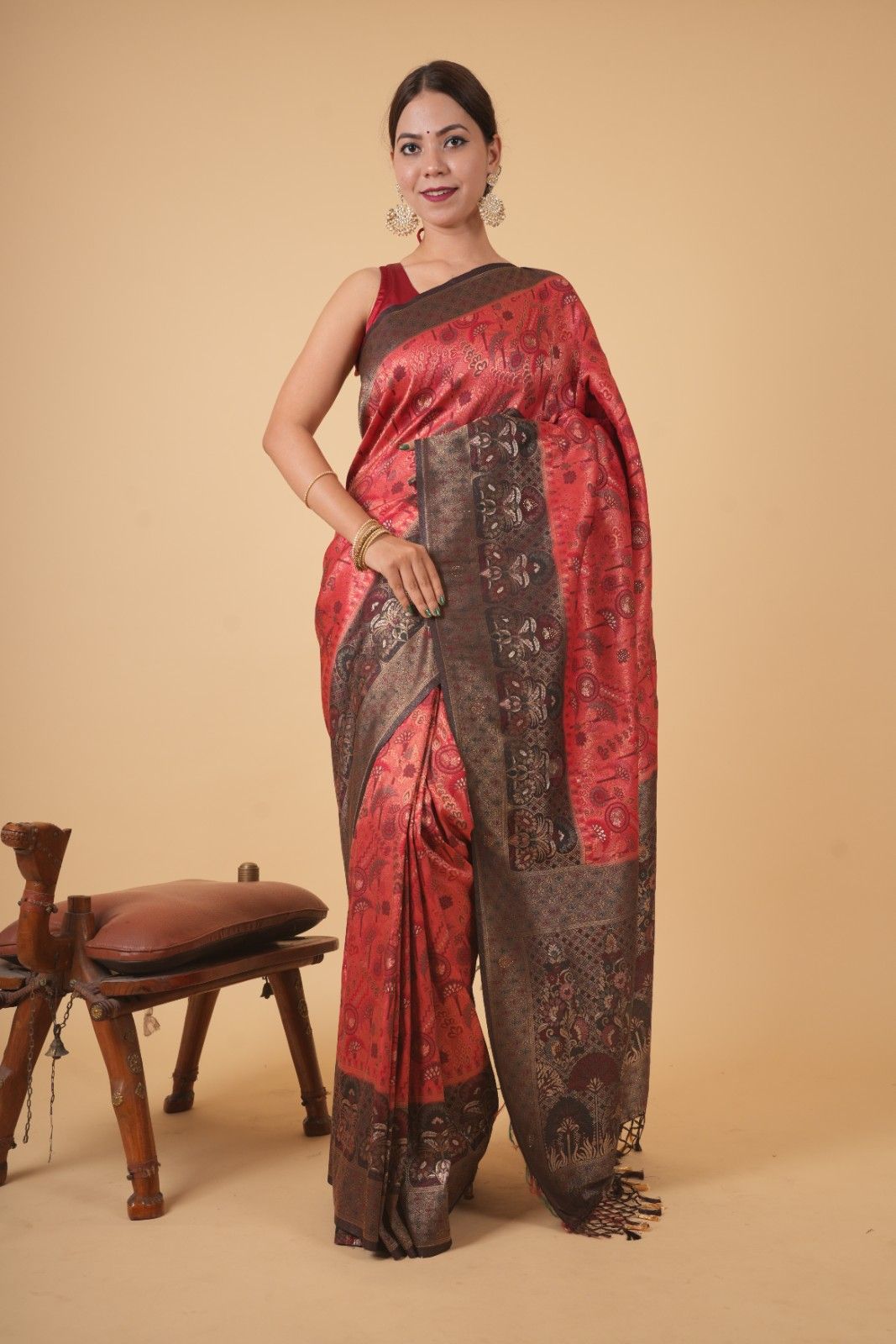 Banarasi With Traditional Zari Multiple Work & Contrast Bordered Overall Stone Embellished Wrap In One Minute Saree