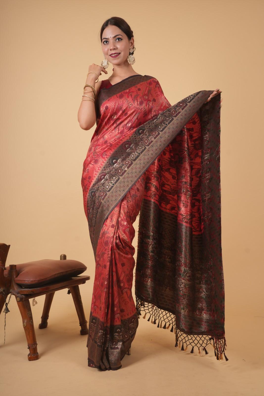 Banarasi With Traditional Zari Multiple Work & Contrast Bordered Overall Stone Embellished Wrap In One Minute Saree