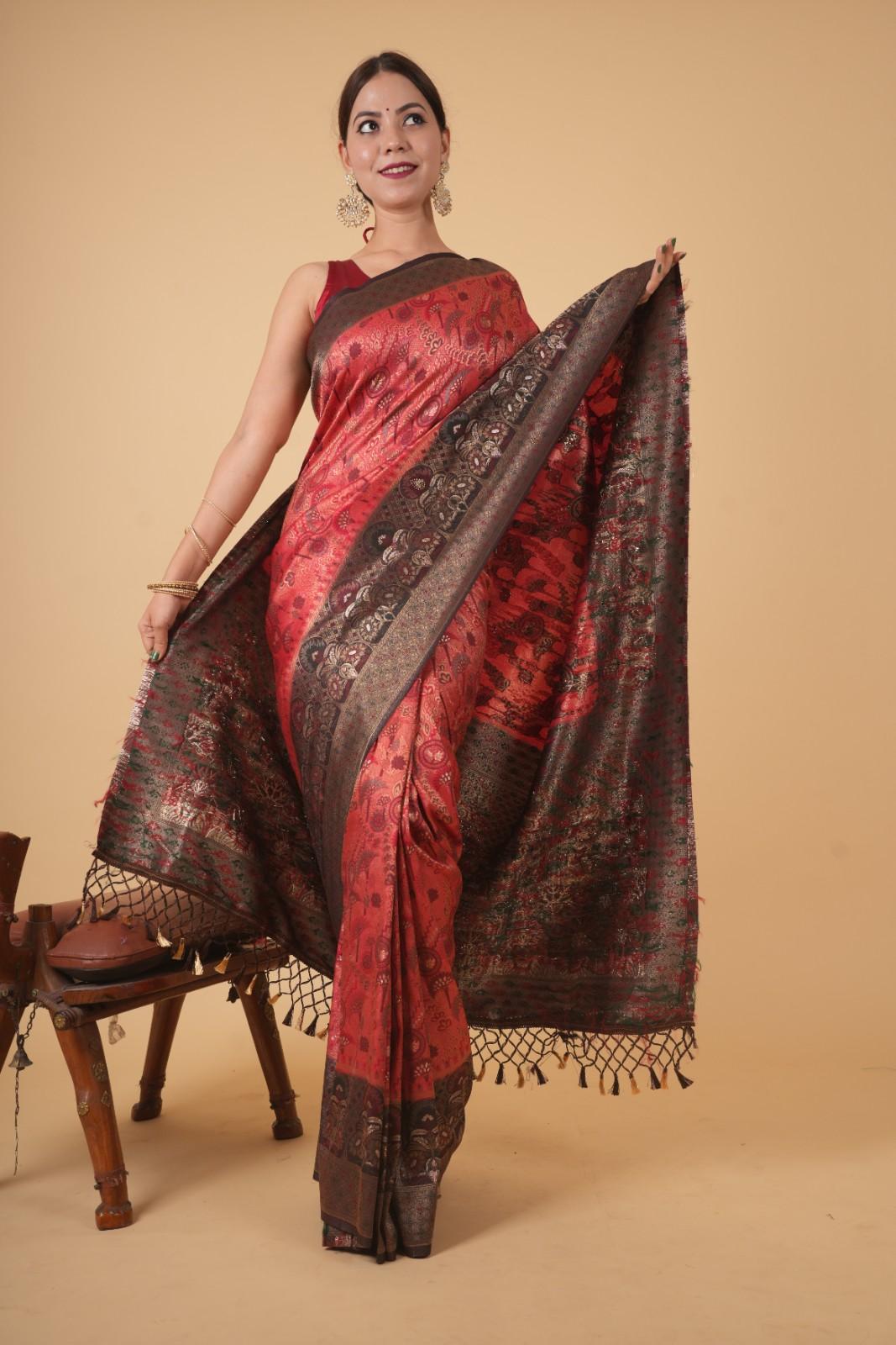 Banarasi With Traditional Zari Multiple Work & Contrast Bordered Overall Stone Embellished Wrap In One Minute Saree