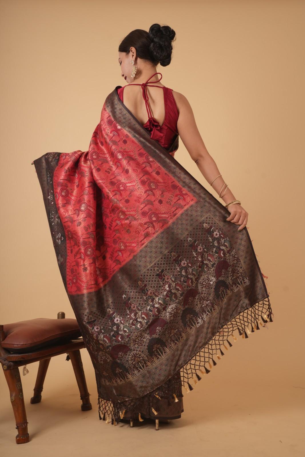 Banarasi With Traditional Zari Multiple Work & Contrast Bordered Overall Stone Embellished Wrap In One Minute Saree