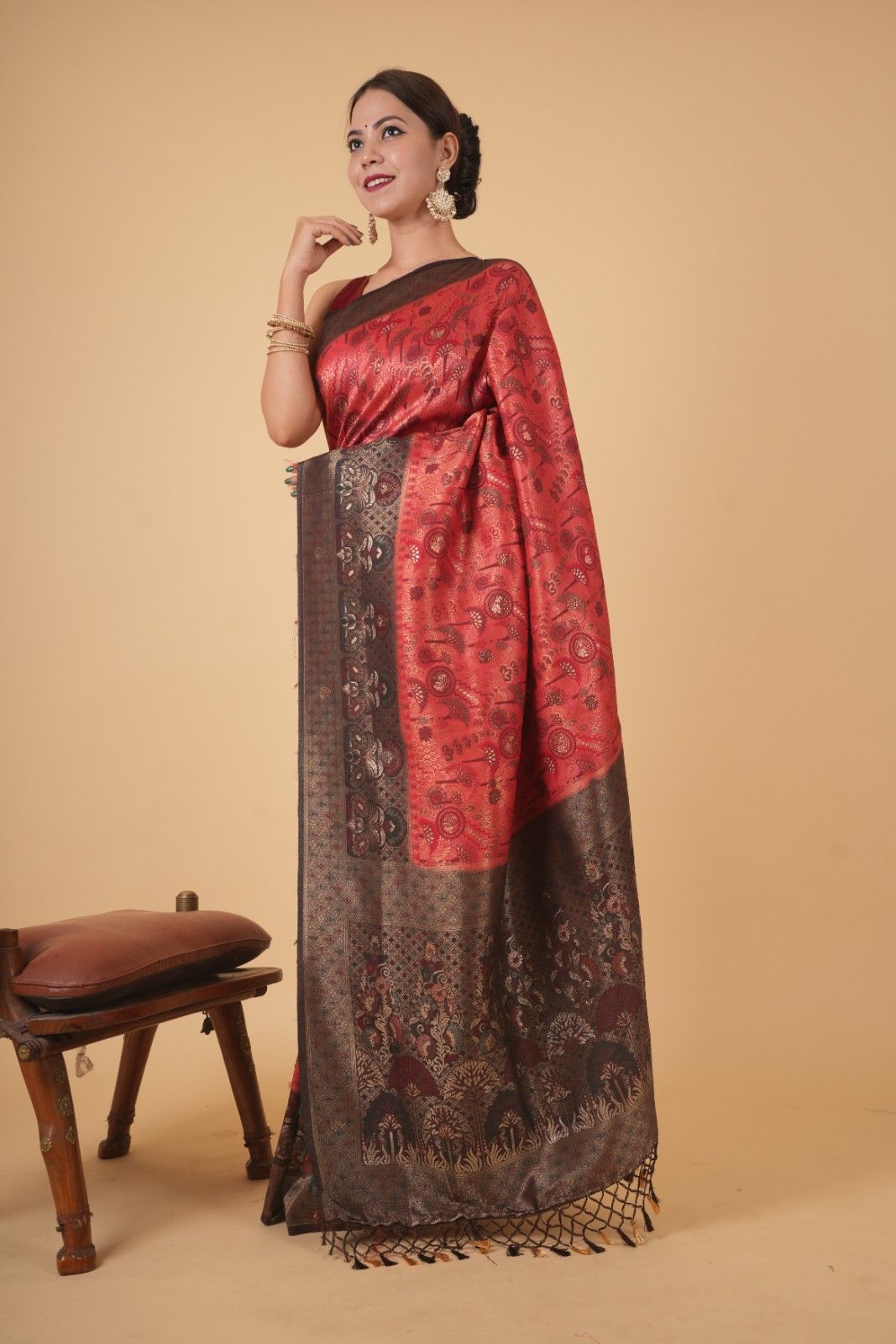 Banarasi With Traditional Zari Multiple Work & Contrast Bordered Overall Stone Embellished Wrap In One Minute Saree