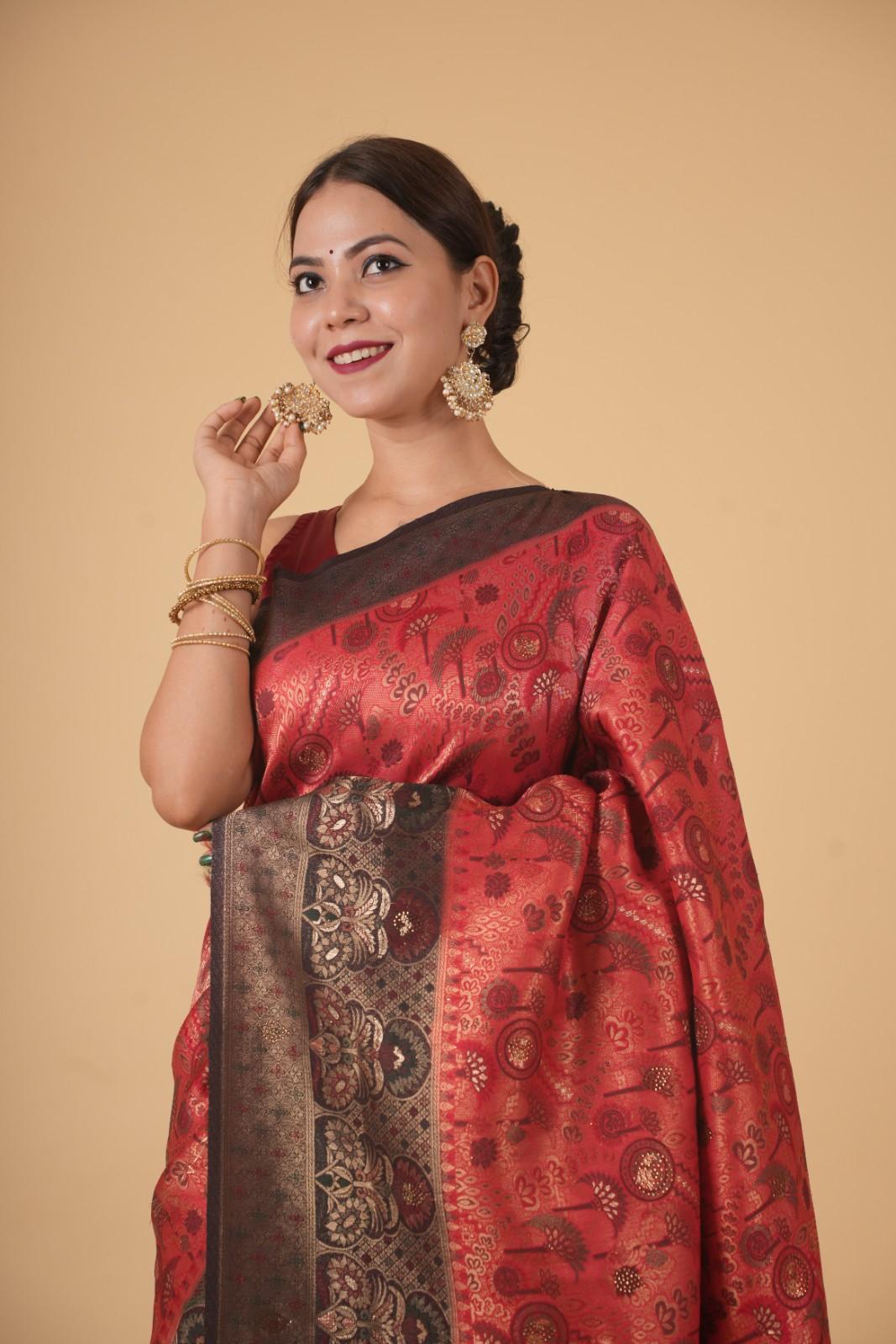 Banarasi With Traditional Zari Multiple Work & Contrast Bordered Overall Stone Embellished Wrap In One Minute Saree