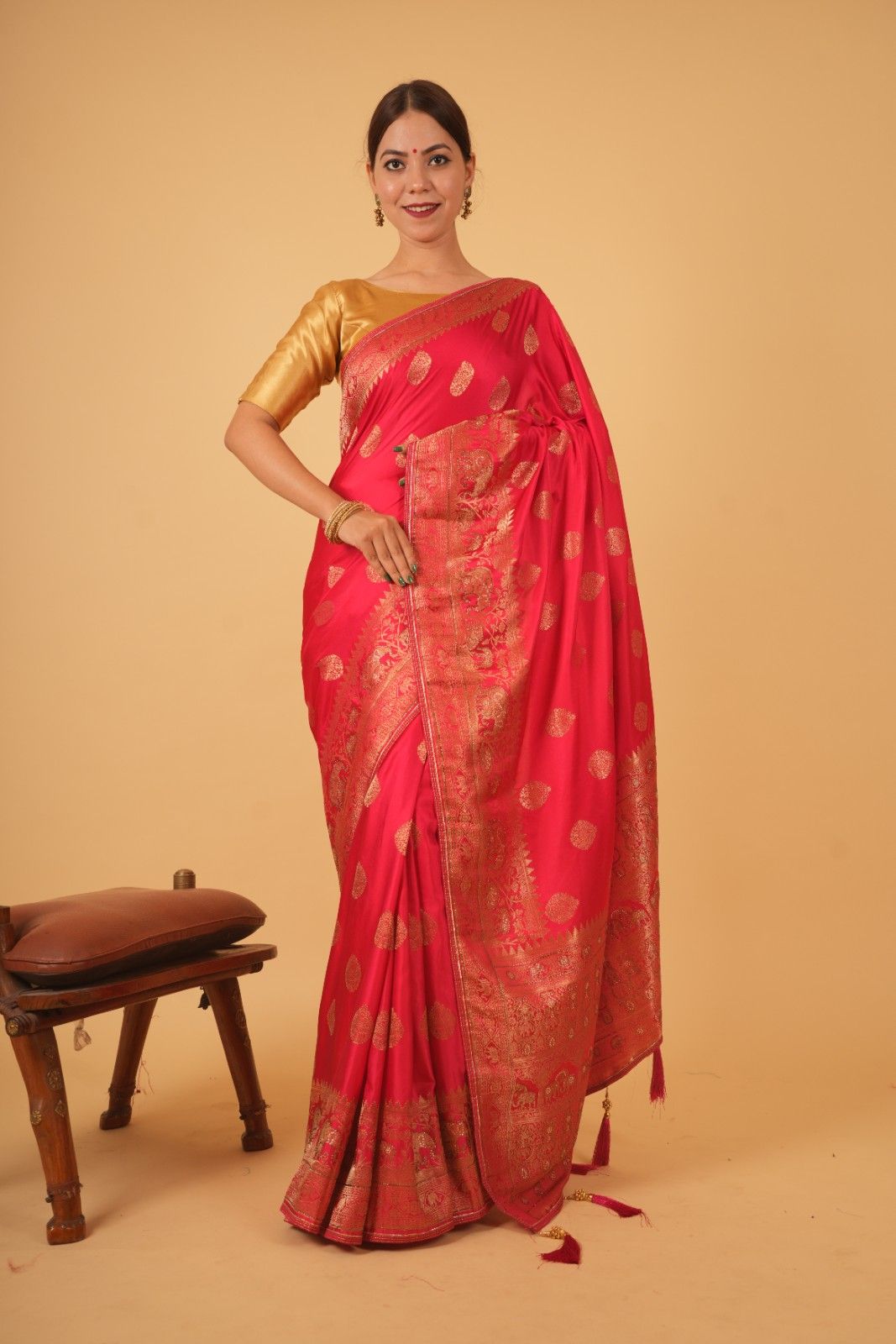 Pink banarasi dola silk With Zari Border & Overall  Golden Butta Wrap In One Minute Saree