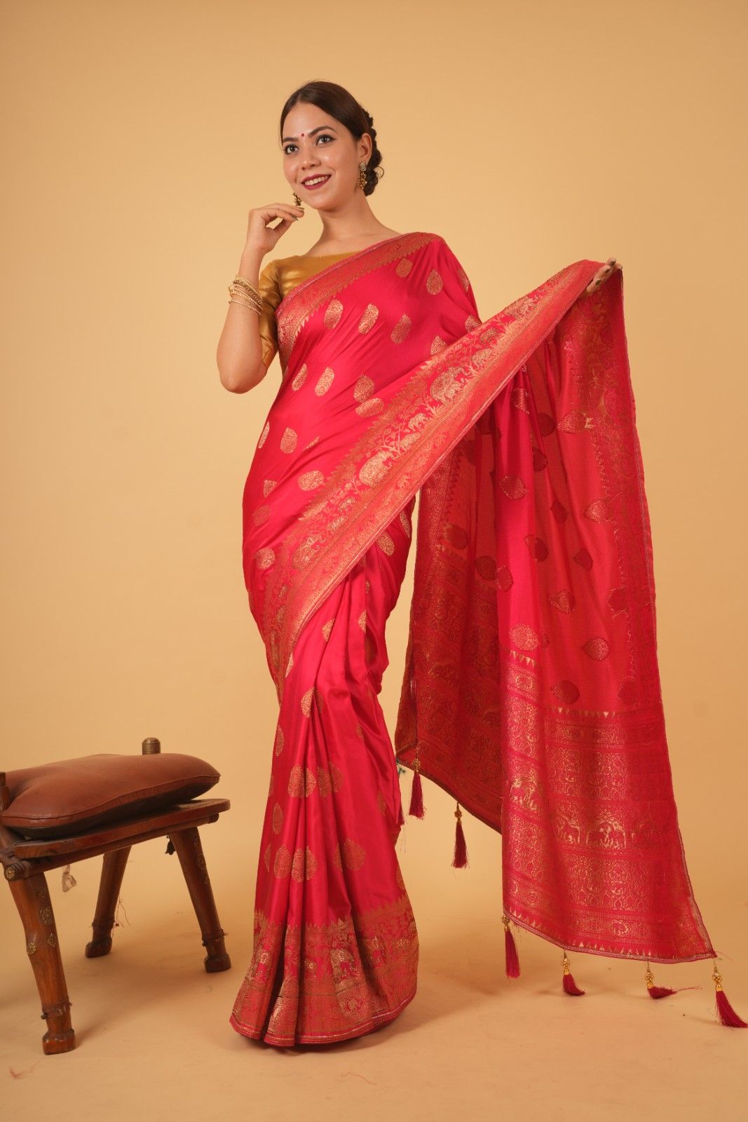 Pink banarasi dola silk With Zari Border & Overall  Golden Butta Wrap In One Minute Saree