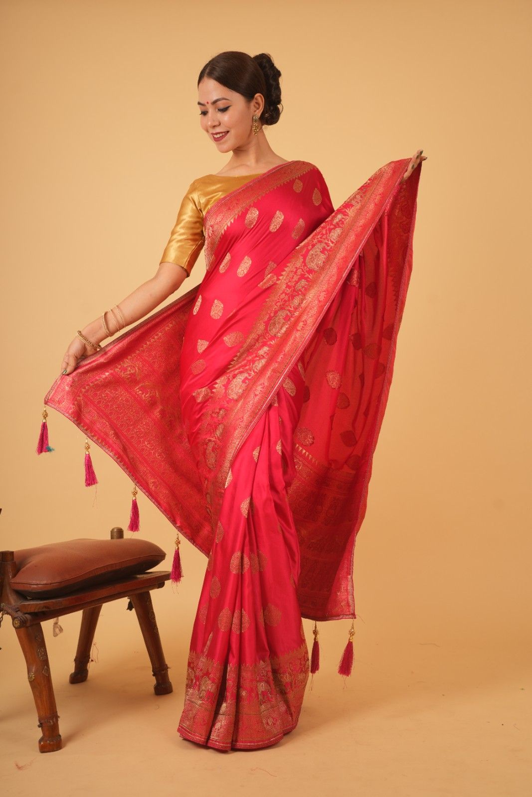 Pink banarasi dola silk With Zari Border & Overall  Golden Butta Wrap In One Minute Saree