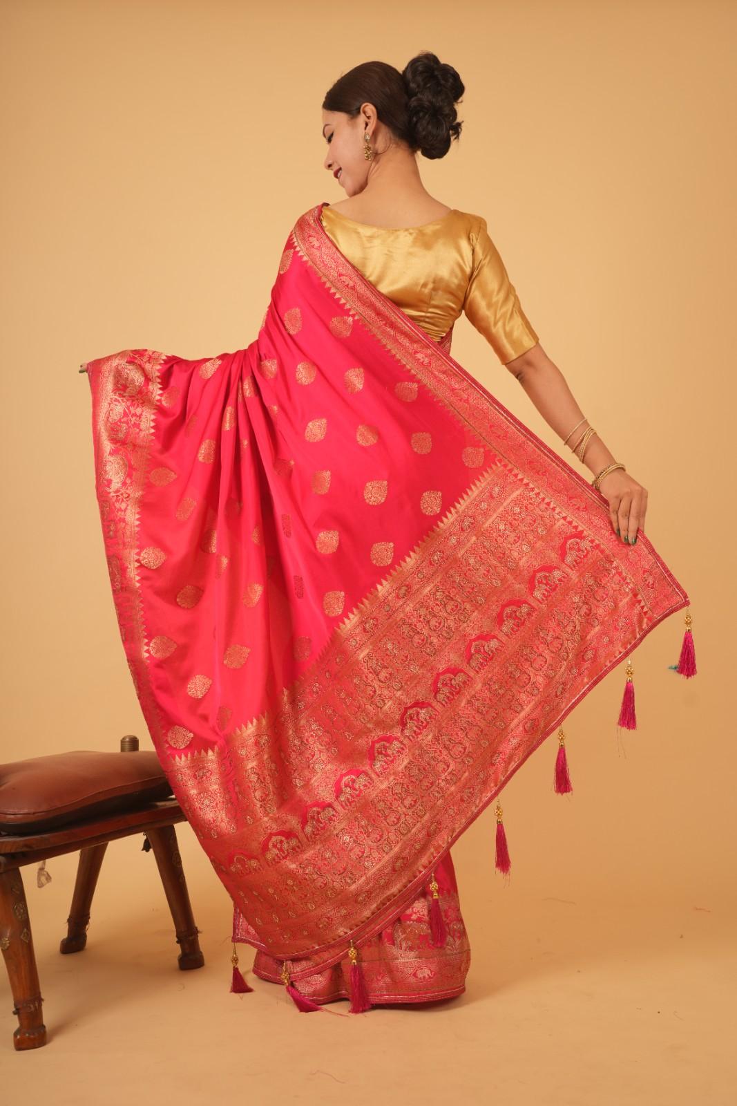 Pink banarasi dola silk With Zari Border & Overall  Golden Butta Wrap In One Minute Saree