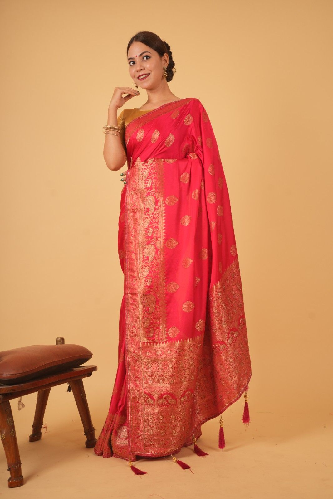 Pink banarasi dola silk With Zari Border & Overall  Golden Butta Wrap In One Minute Saree