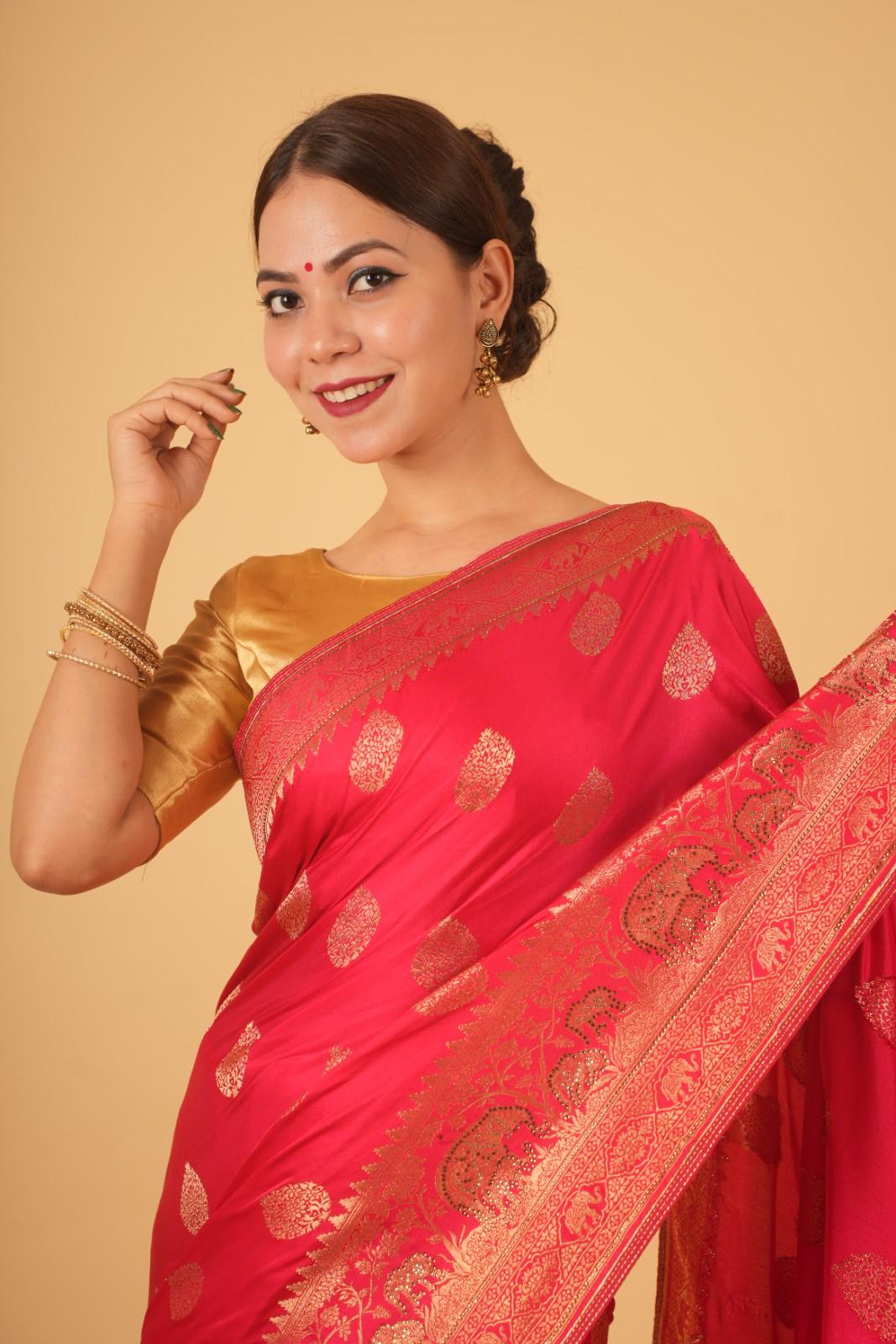 Pink banarasi dola silk With Zari Border & Overall  Golden Butta Wrap In One Minute Saree