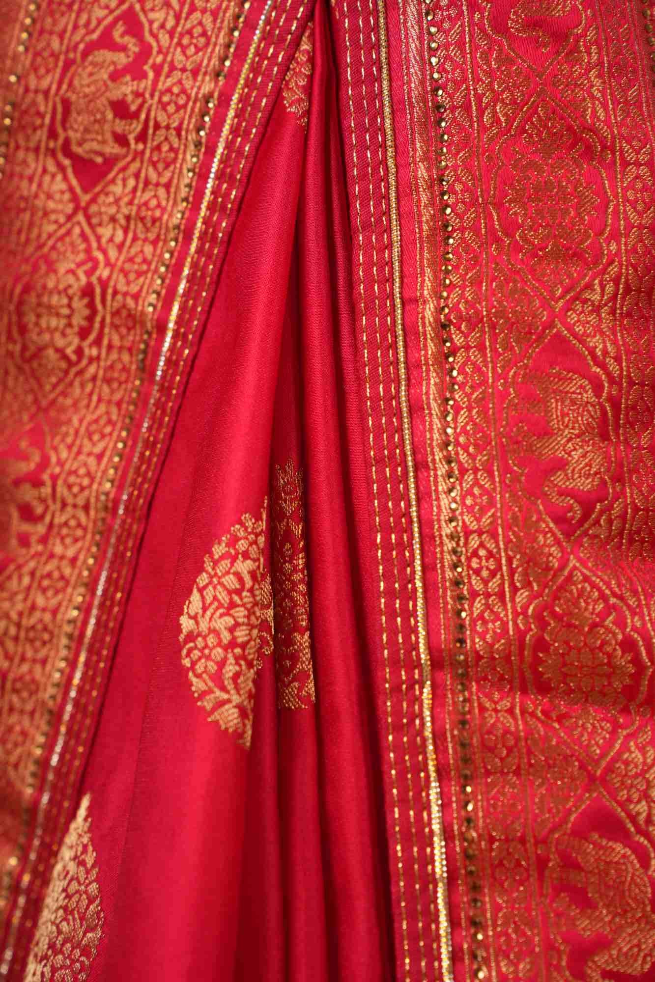 Pink banarasi dola silk With Zari Border & Overall  Golden Butta Wrap In One Minute Saree