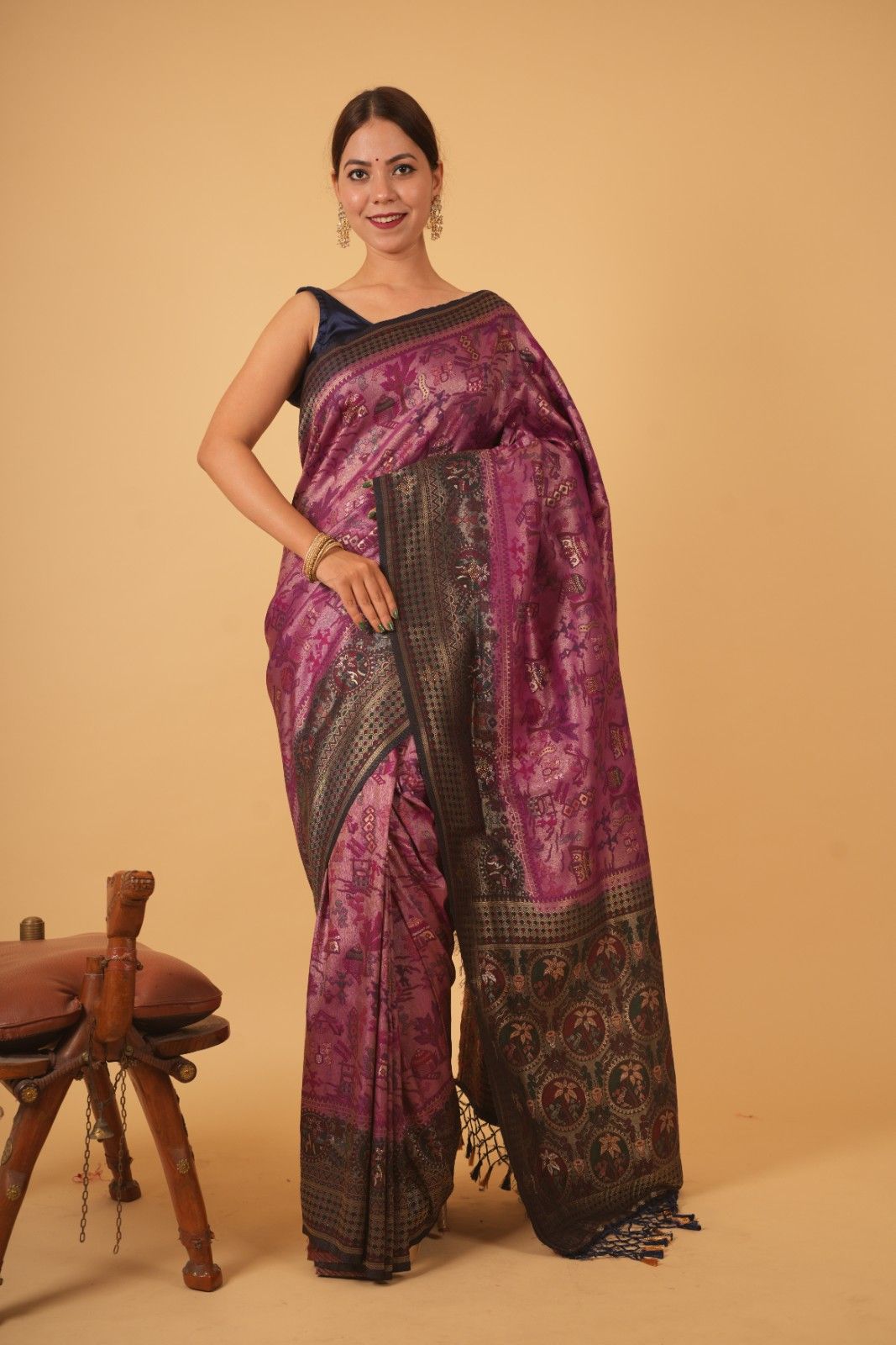 Wine Traditional With Pink Zari Work & Contrast Bordered Overall Stone Embellished Wrap In One Minute Saree