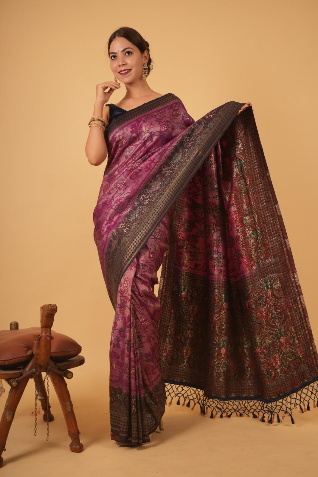 Wine Traditional With Pink Zari Work & Contrast Bordered Overall Stone Embellished Wrap In One Minute Saree