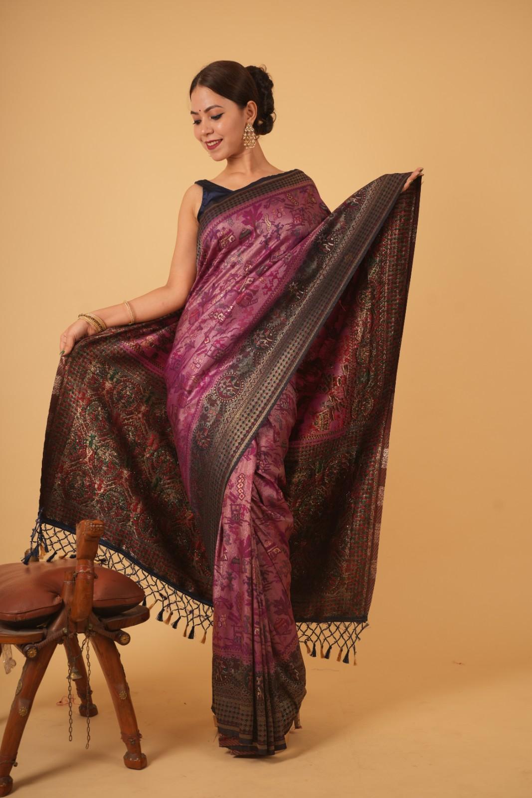 Wine Traditional With Pink Zari Work & Contrast Bordered Overall Stone Embellished Wrap In One Minute Saree