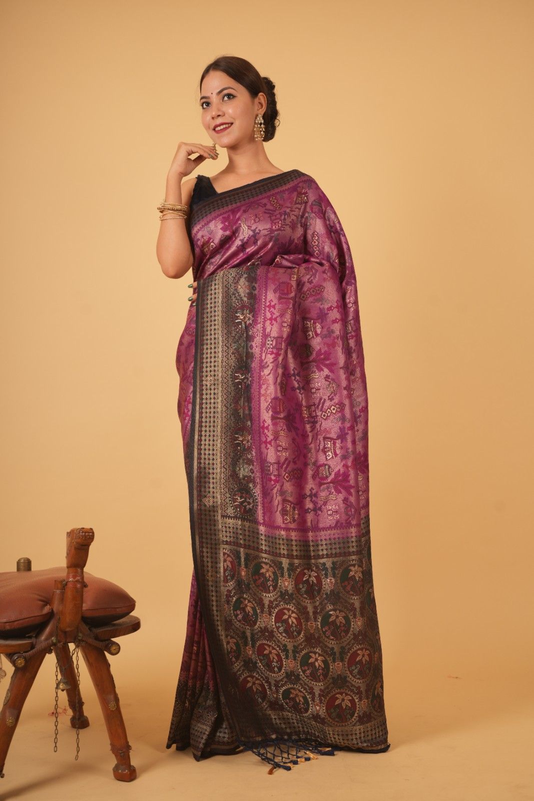 Wine Traditional With Pink Zari Work & Contrast Bordered Overall Stone Embellished Wrap In One Minute Saree