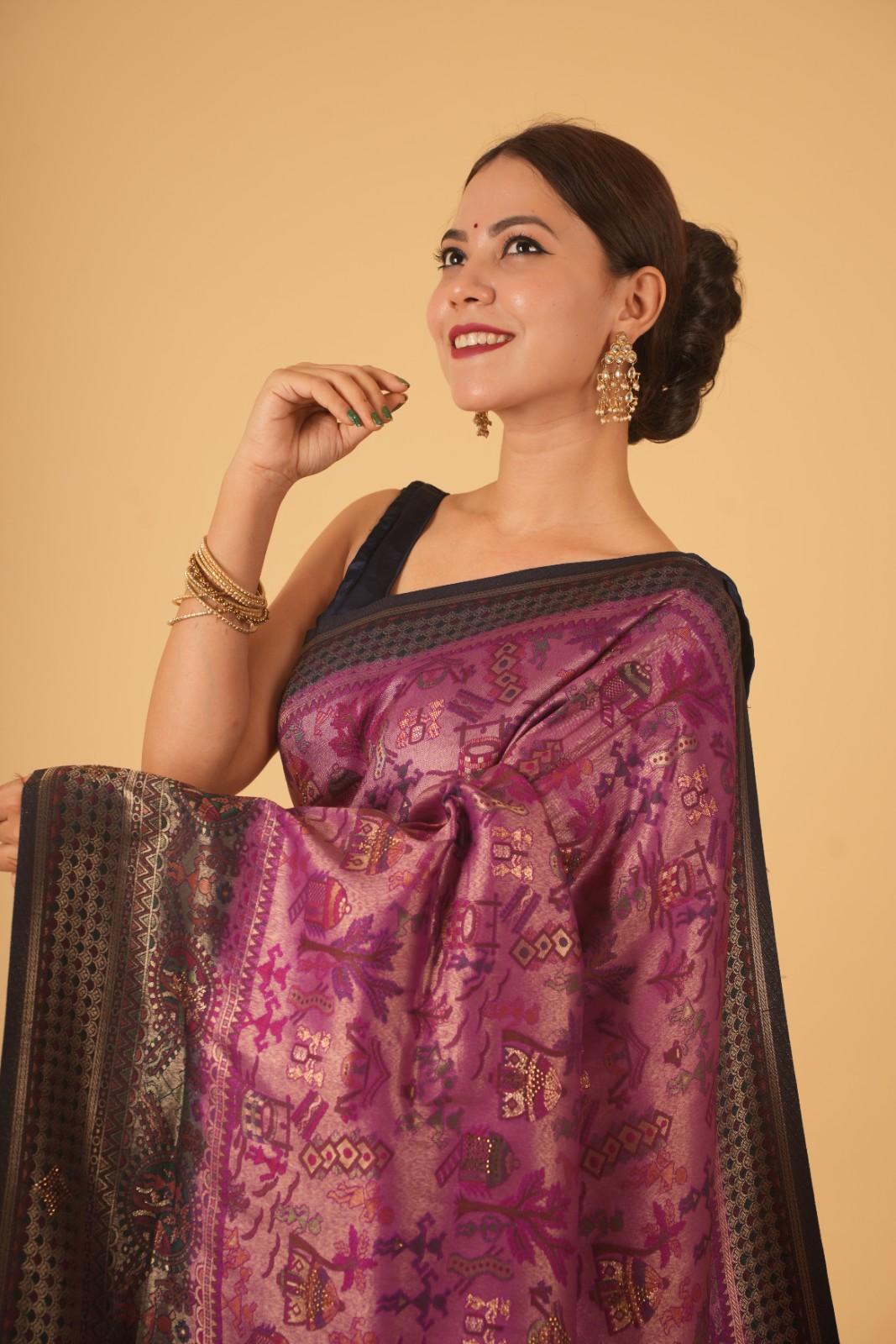 Wine Traditional With Pink Zari Work & Contrast Bordered Overall Stone Embellished Wrap In One Minute Saree