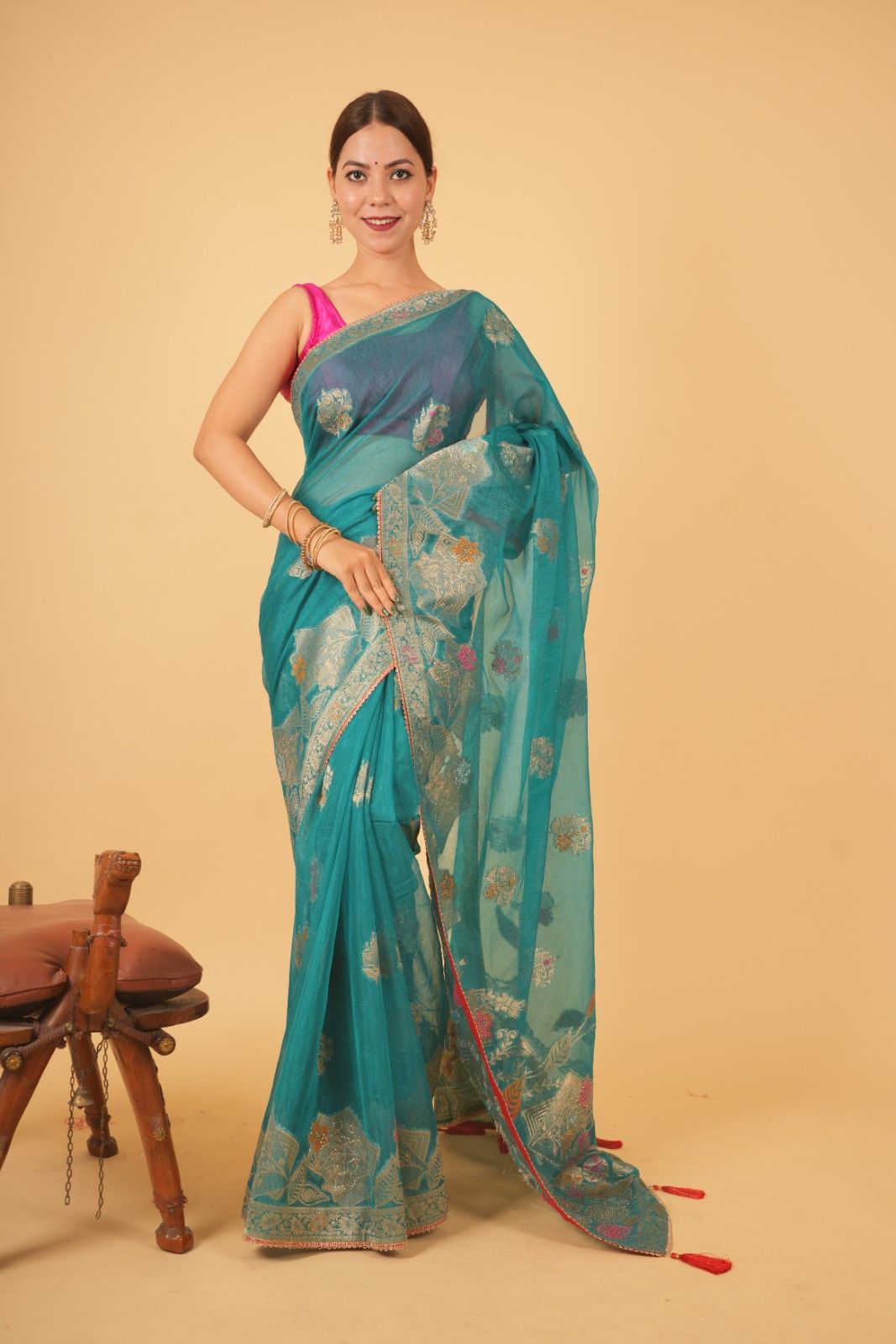 Exquisite Sea Green With Detailed Zari Embroidery & Cut Daana Work Wrap in 1 minute saree