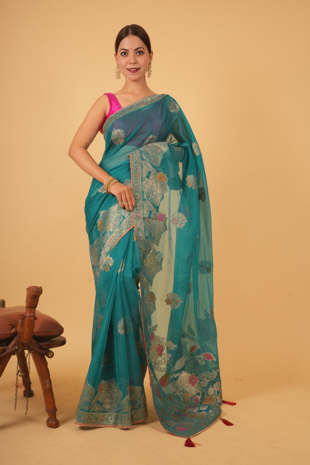 Exquisite Sea Green With Detailed Zari Embroidery & Cut Daana Work Wrap in 1 minute saree