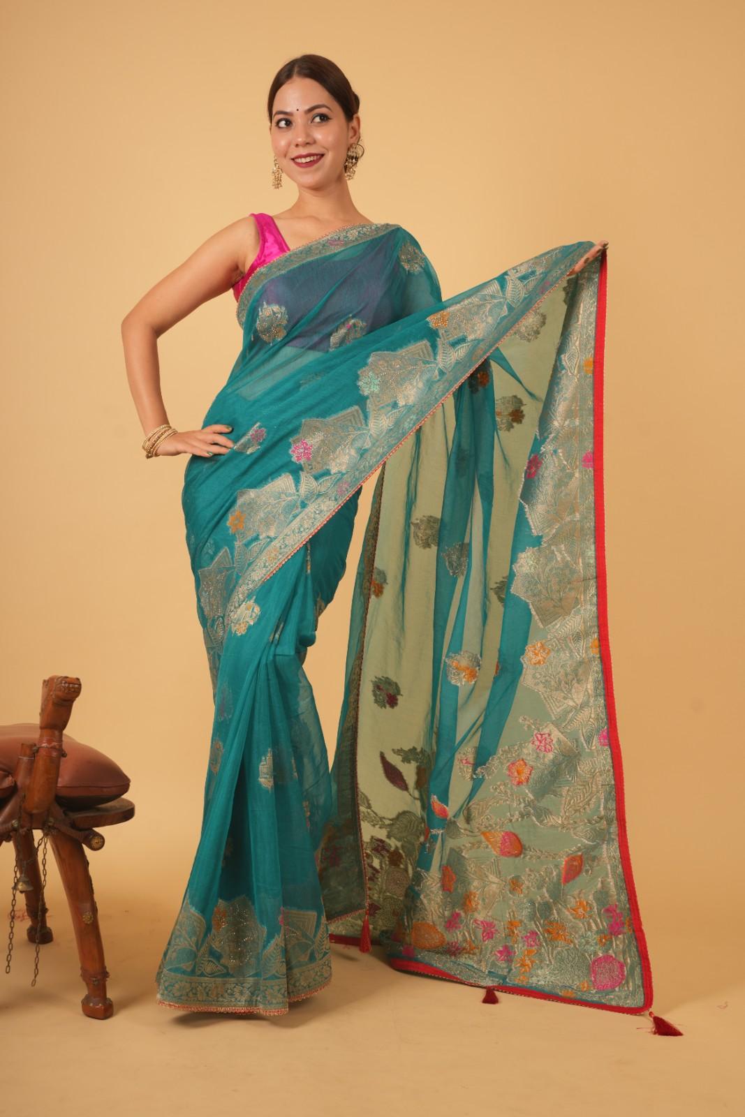 Exquisite Sea Green With Detailed Zari Embroidery & Cut Daana Work Wrap in 1 minute saree