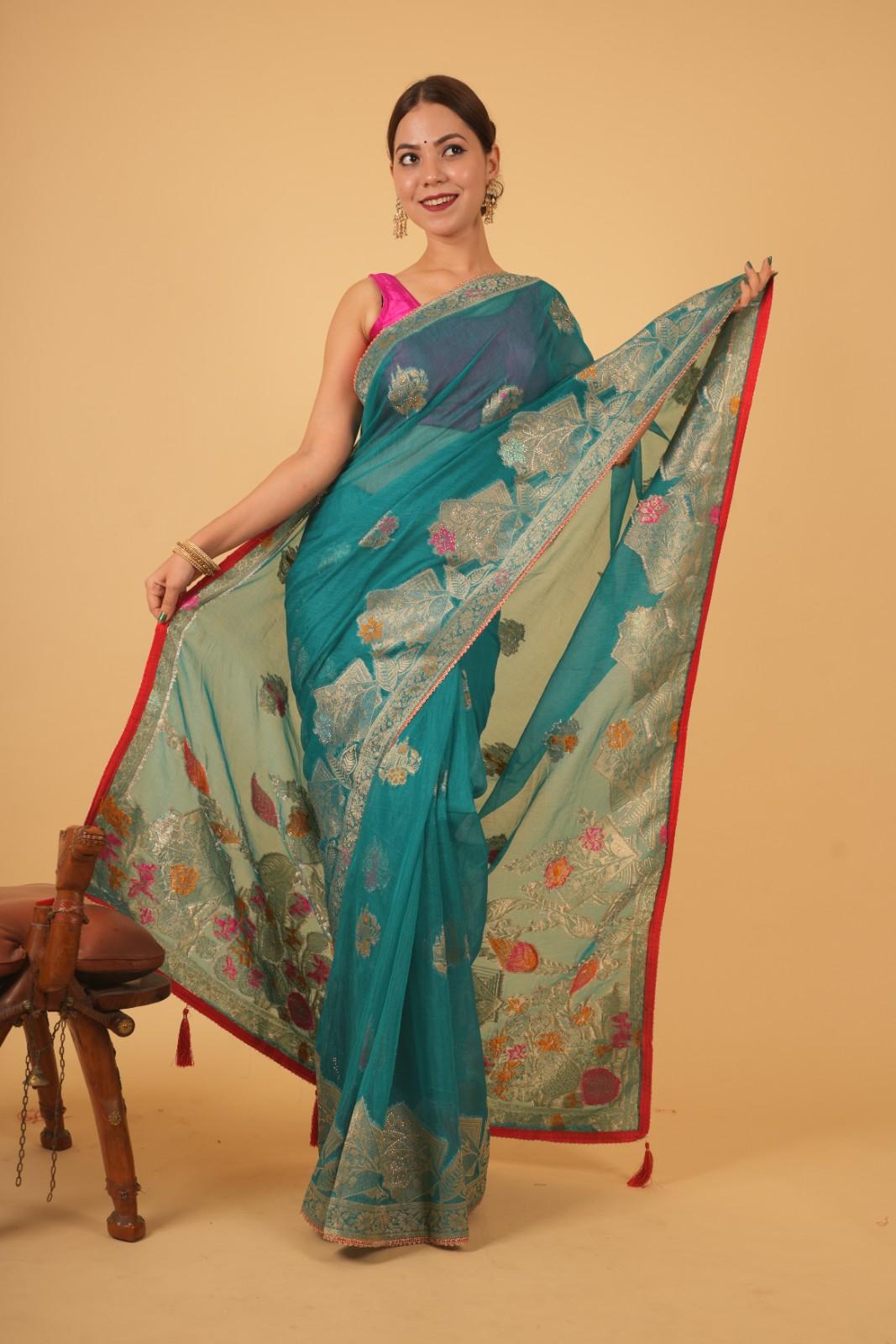 Exquisite Sea Green With Detailed Zari Embroidery & Cut Daana Work Wrap in 1 minute saree