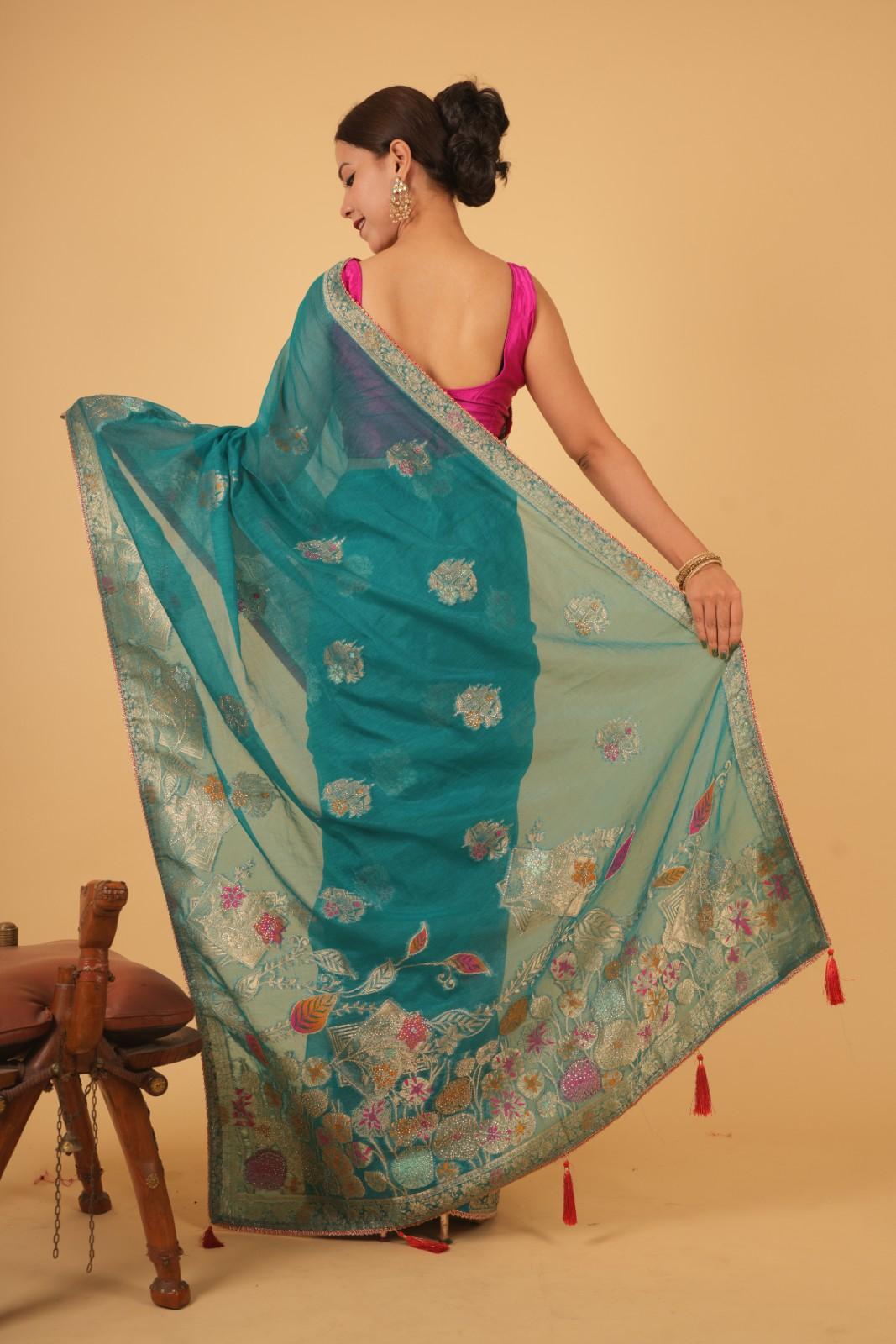 Exquisite Sea Green With Detailed Zari Embroidery & Cut Daana Work Wrap in 1 minute saree