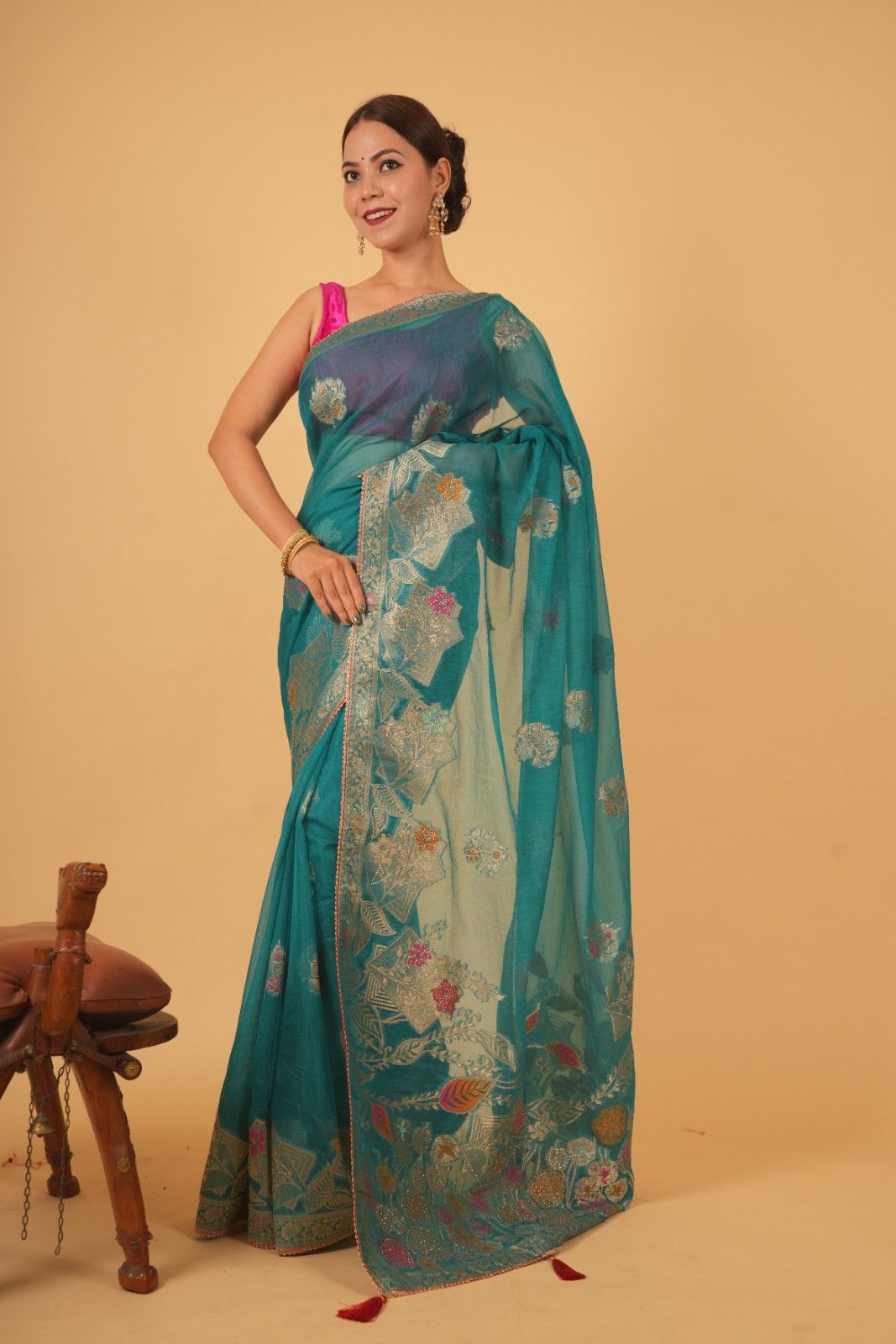 Exquisite Sea Green With Detailed Zari Embroidery & Cut Daana Work Wrap in 1 minute saree