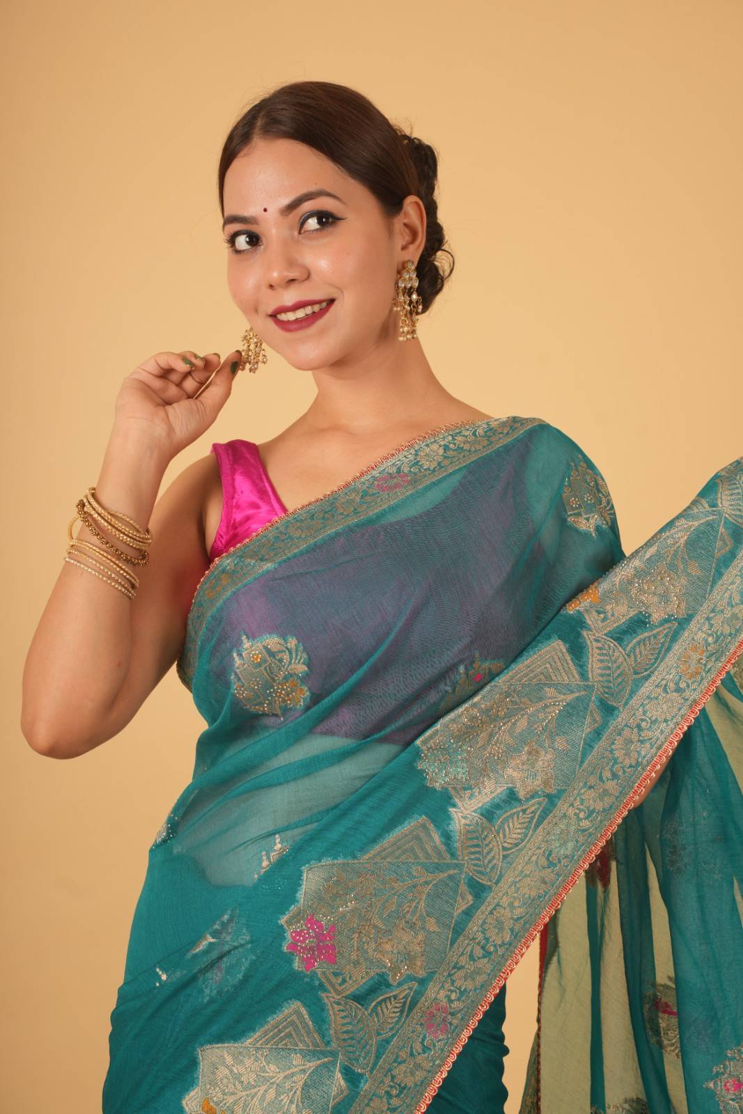 Exquisite Sea Green With Detailed Zari Embroidery & Cut Daana Work Wrap in 1 minute saree