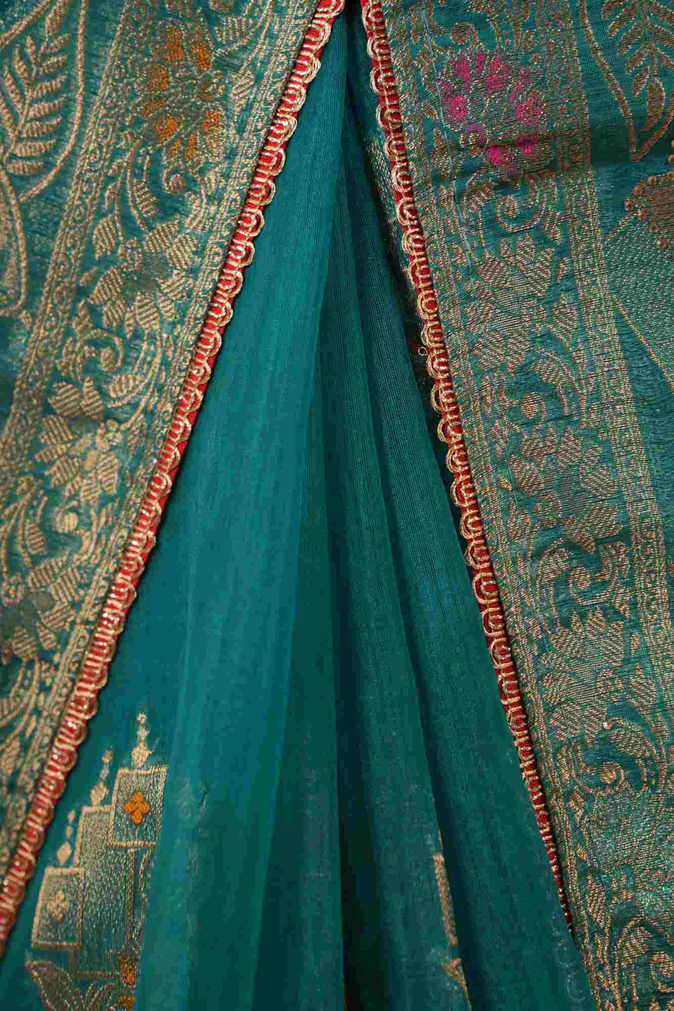 Exquisite Sea Green With Detailed Zari Embroidery & Cut Daana Work Wrap in 1 minute saree