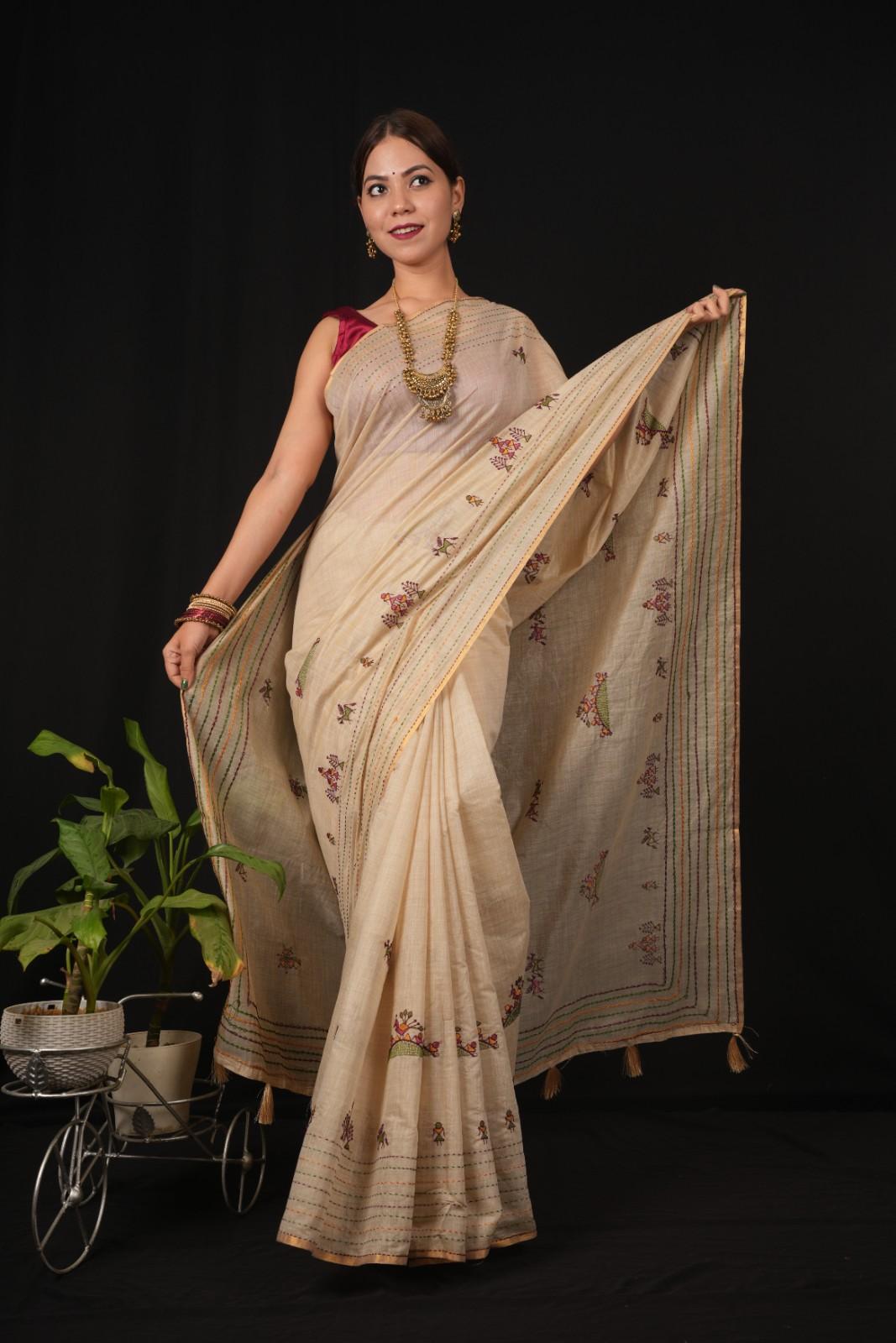 Sophisticated Beige  All Over Tribal Art   Embroidered  Wrap In One Minute Saree