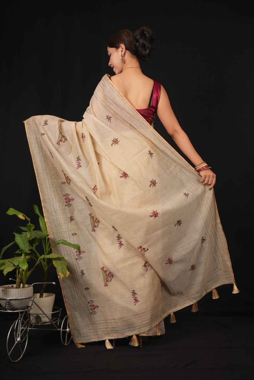 Sophisticated Beige  All Over Tribal Art   Embroidered  Wrap In One Minute Saree