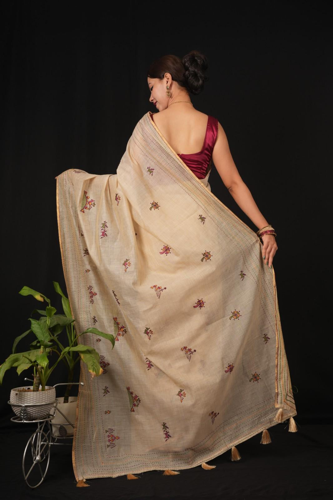 Sophisticated Beige  All Over Tribal Art   Embroidered  Wrap In One Minute Saree